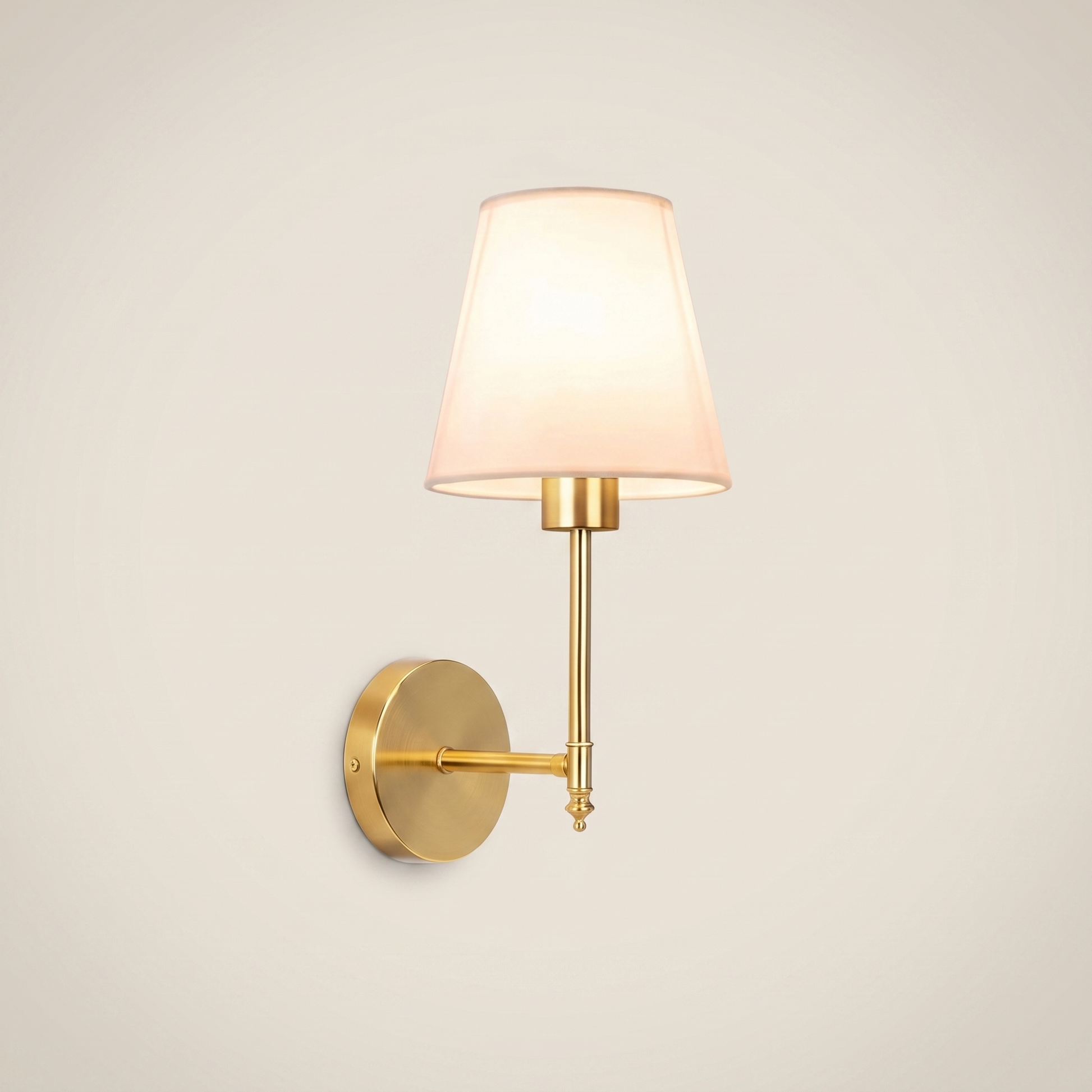 Silver fabric wireless RGB remote control 1-light wall sconce front view with fabric shade lit in living room