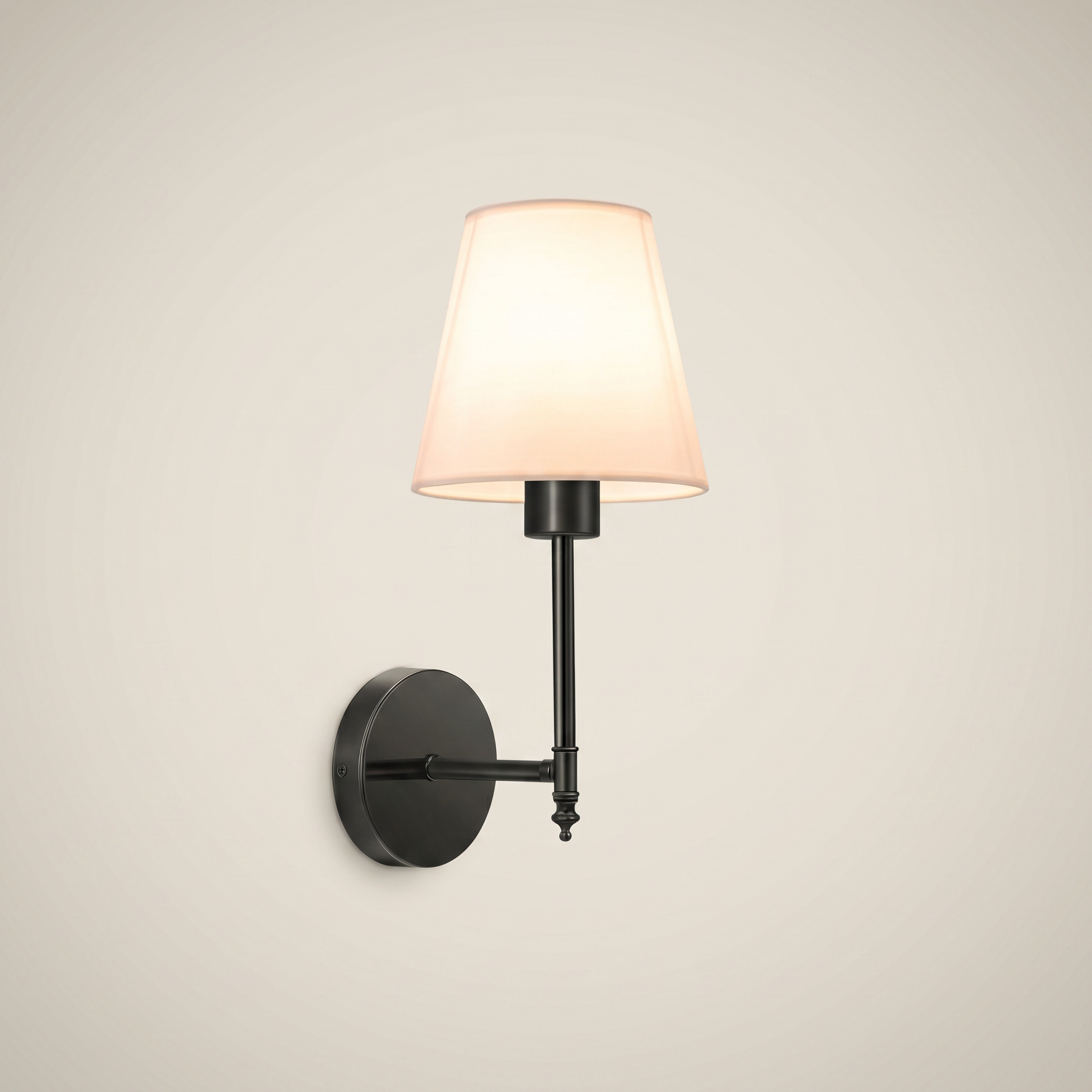 Silver fabric wireless RGB remote control 1-light wall sconce side profile lit on bedroom wall with fabric shade