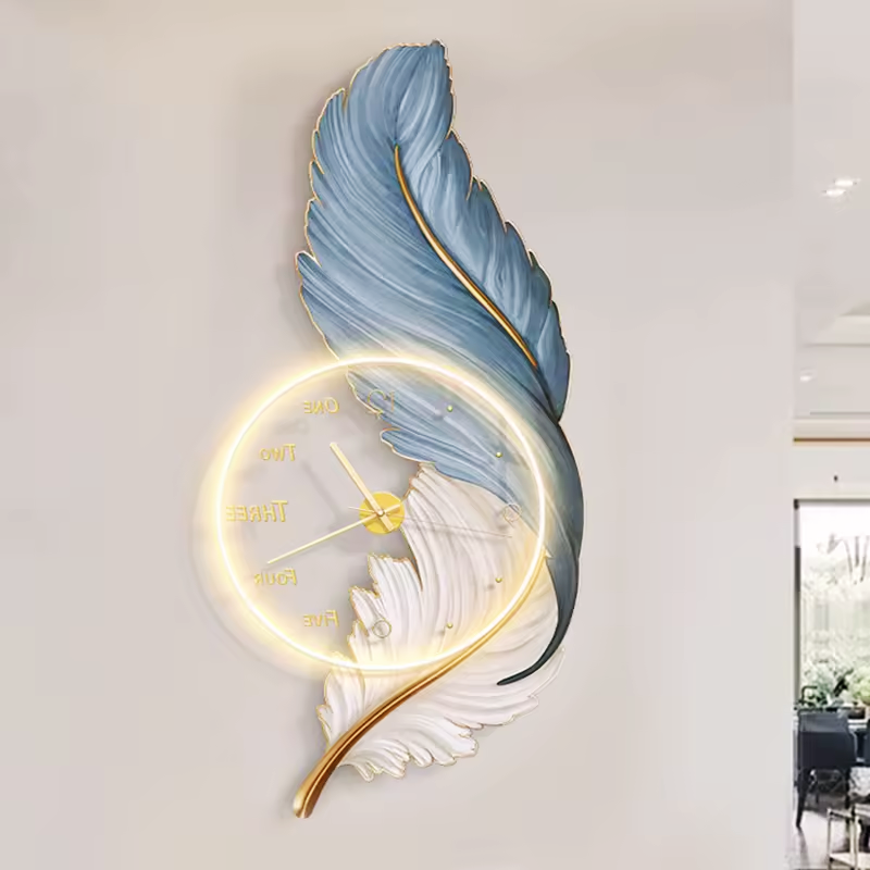 Feather Acrylic Round Wall Clock design on a light gray wall.
