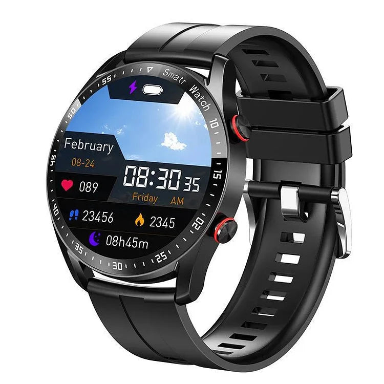 A black GlucoseWave smartwatch with a black silicon strap, displaying a digital watch face showing time, date, heart rate, steps, and calories.