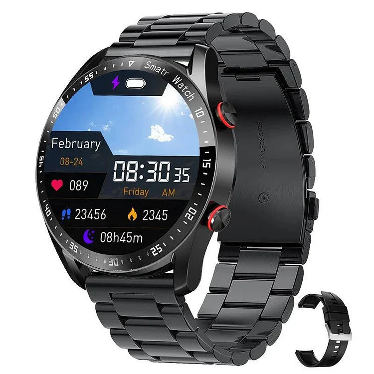 A black GlucoseWave smartwatch with a steel strap, showcasing a digital watch face displaying time, date, heart rate, steps, and calories. An additional strap link is shown next to the watch.