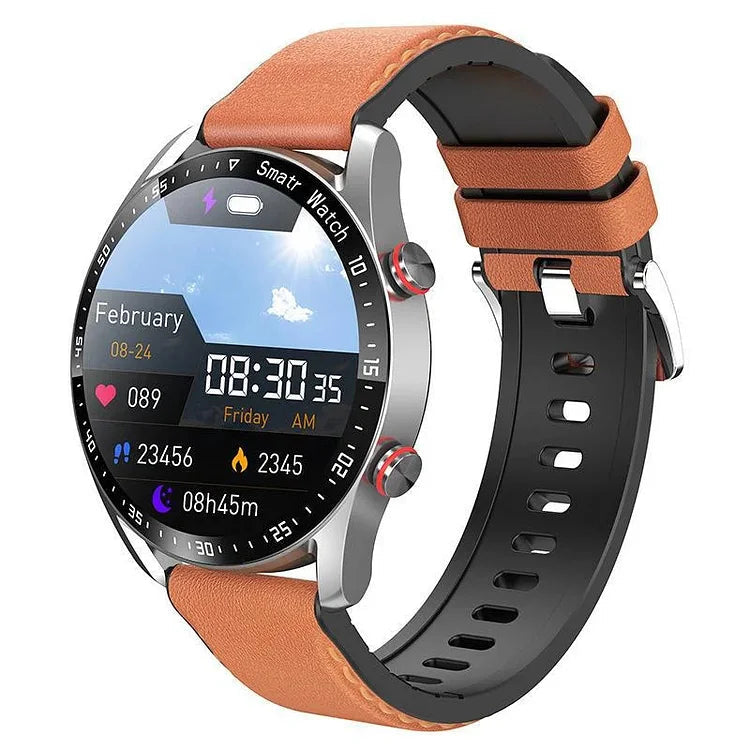 A silver GlucoseWave smartwatch with an orange leather strap, displaying a digital watch face showing time, date, heart rate, steps, and calories.