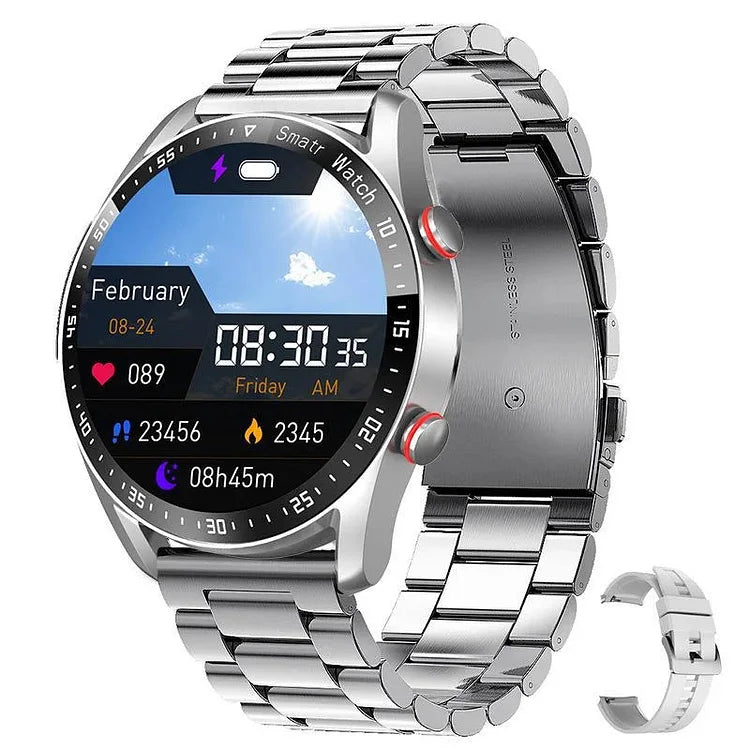 A silver GlucoseWave smartwatch with a steel strap, showcasing a digital watch face displaying time, date, heart rate, steps, and calories. An additional strap link is shown next to the watch.