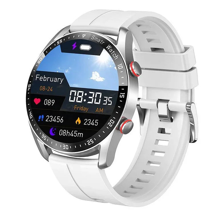 A silver GlucoseWave smartwatch with a white silicon strap, displaying a digital watch face showing time, date, heart rate, steps, and calories.
