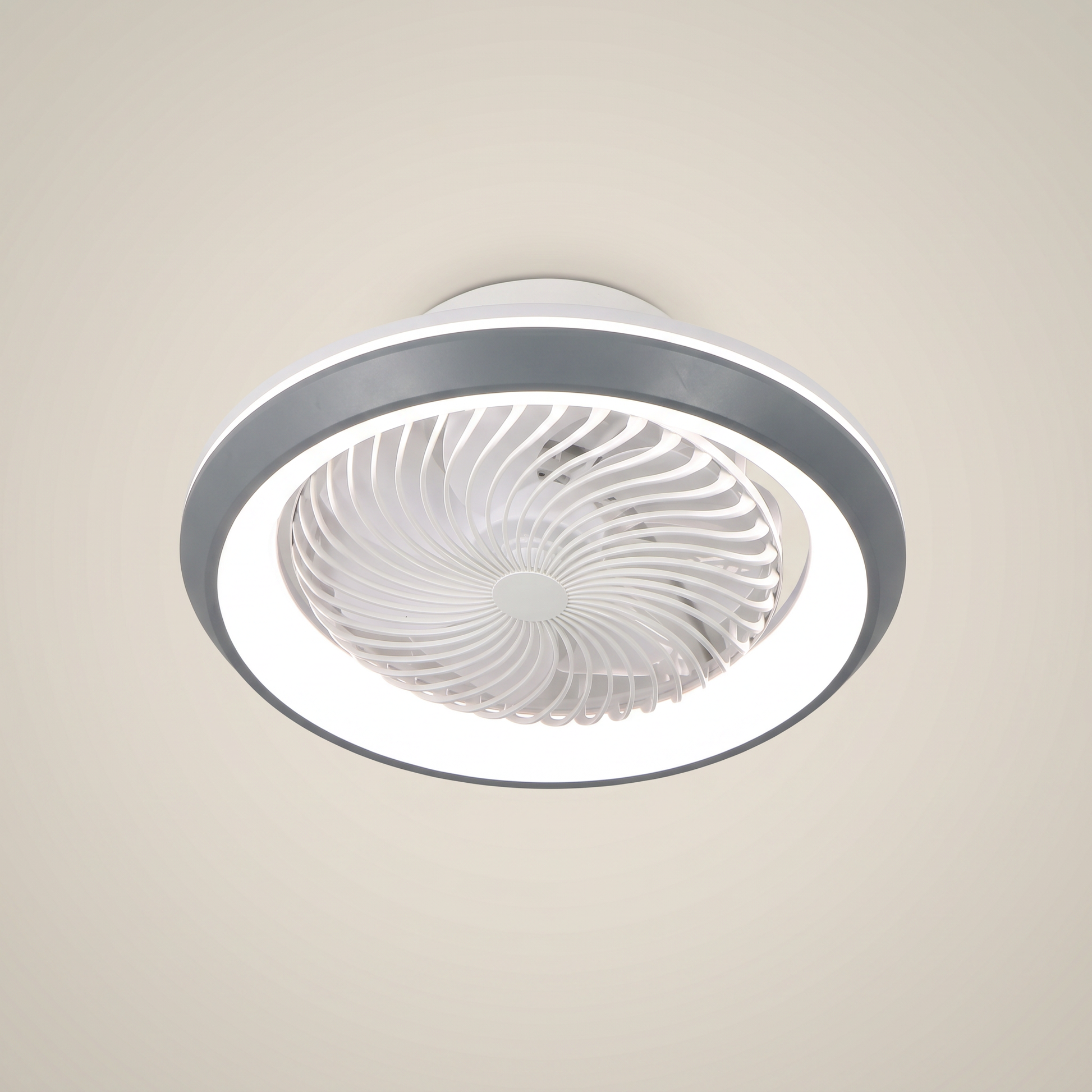 Gray Kazetsu model 19.3 inch wide ceiling fan light close-up showing integrated LED ring and flush mount