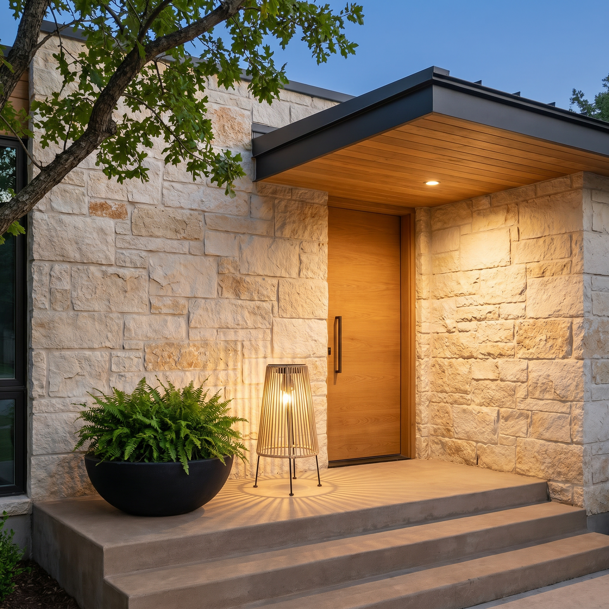 Handwoven rattan geometric solar LED tripod outdoor lantern ambient room view in natural tan with warm light near patio chair