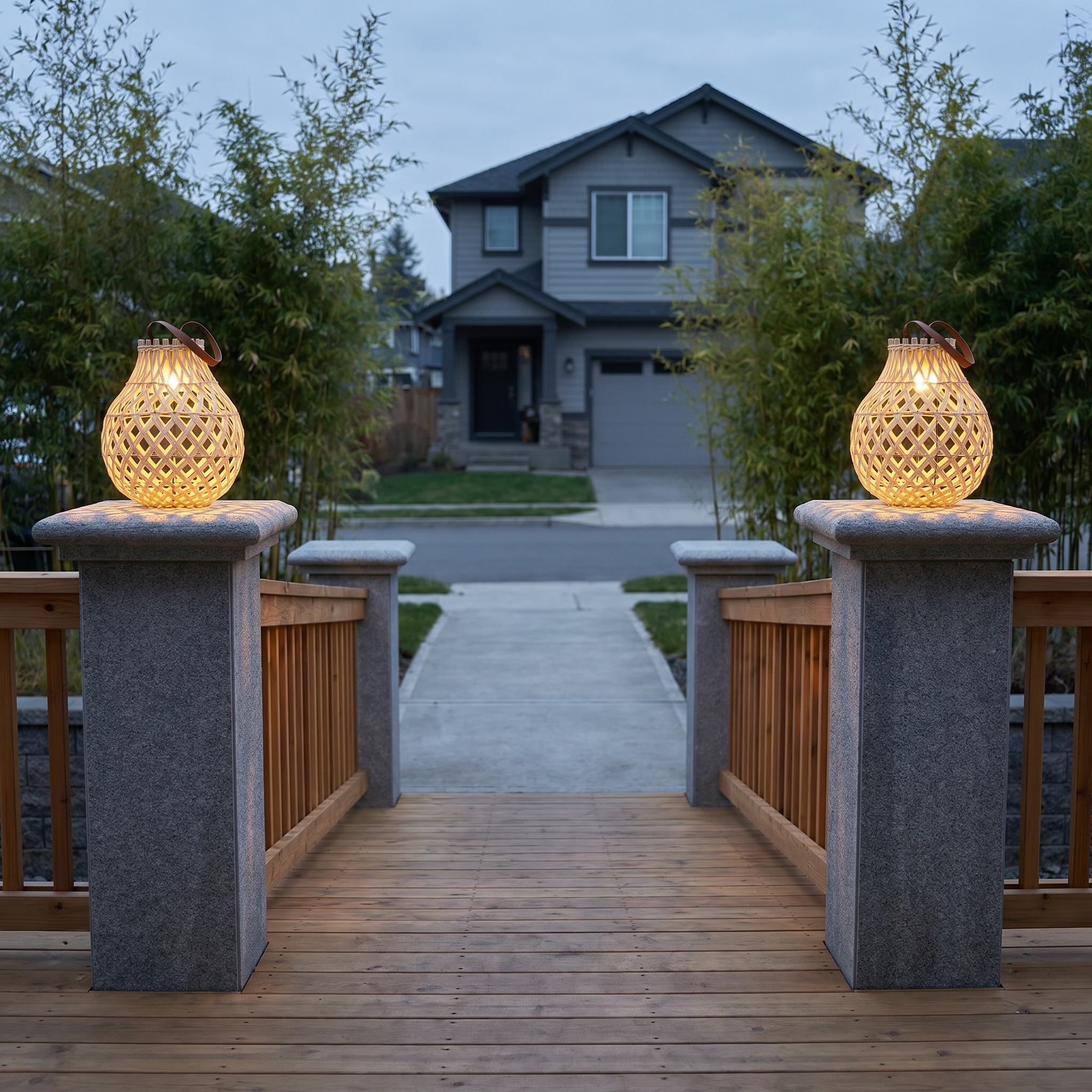 Side profile of handwoven rattan geometric solar LED tripod outdoor lantern with warm light in natural tan beside garden path