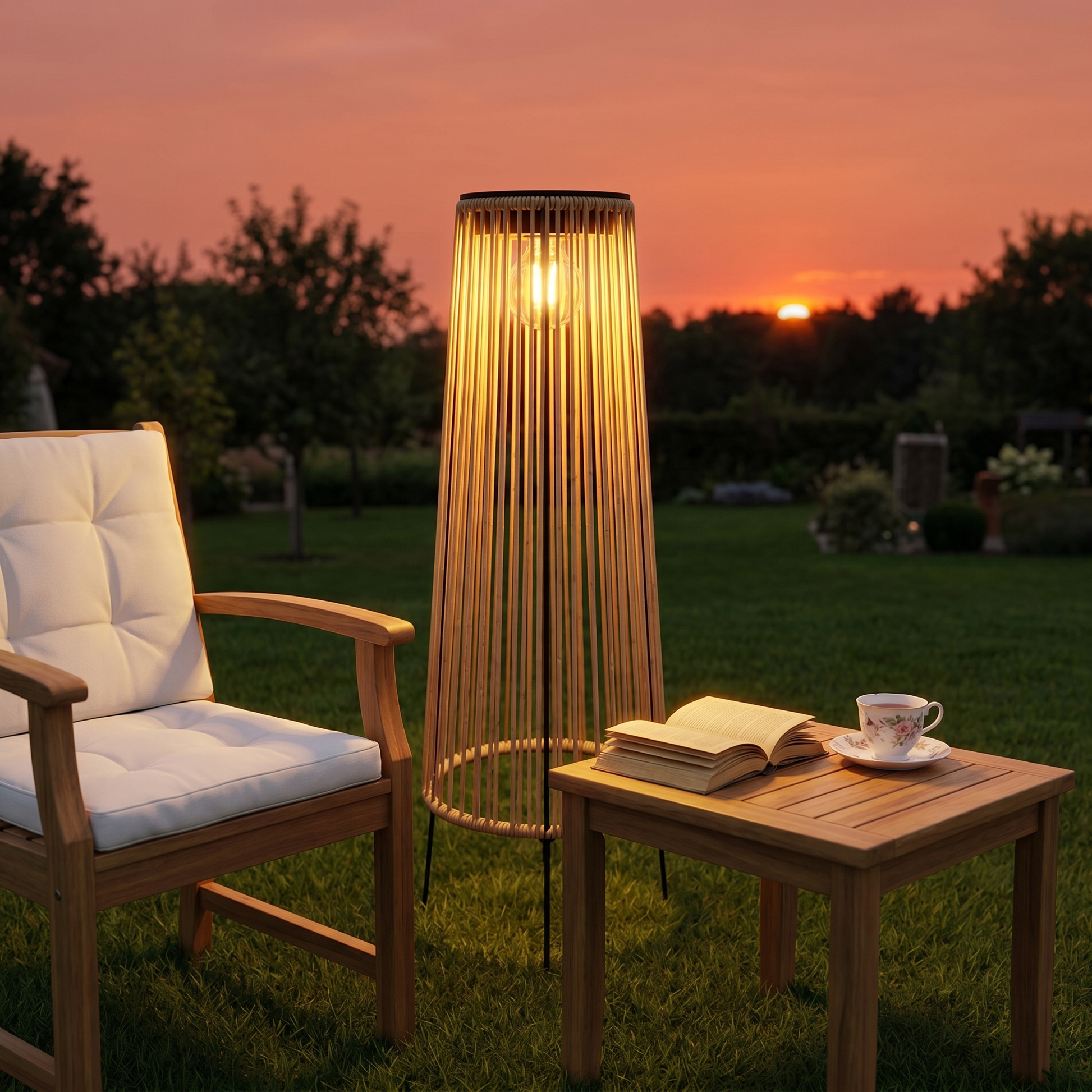 Handwoven rattan geometric solar LED tripod outdoor lantern at three-quarter angle in natural tan with warm glow on patio setting