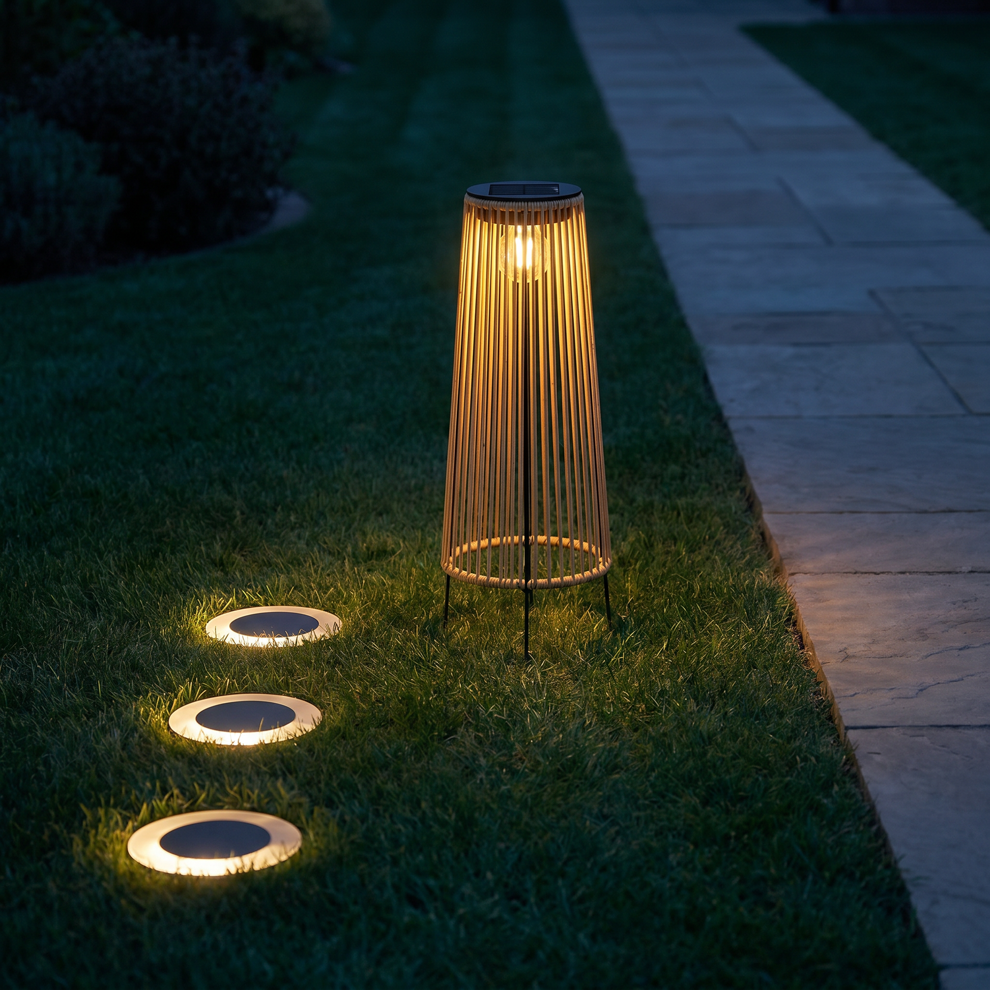 Handwoven rattan geometric solar LED tripod outdoor lantern at three-quarter angle lit in natural tan with warm glow on poolside