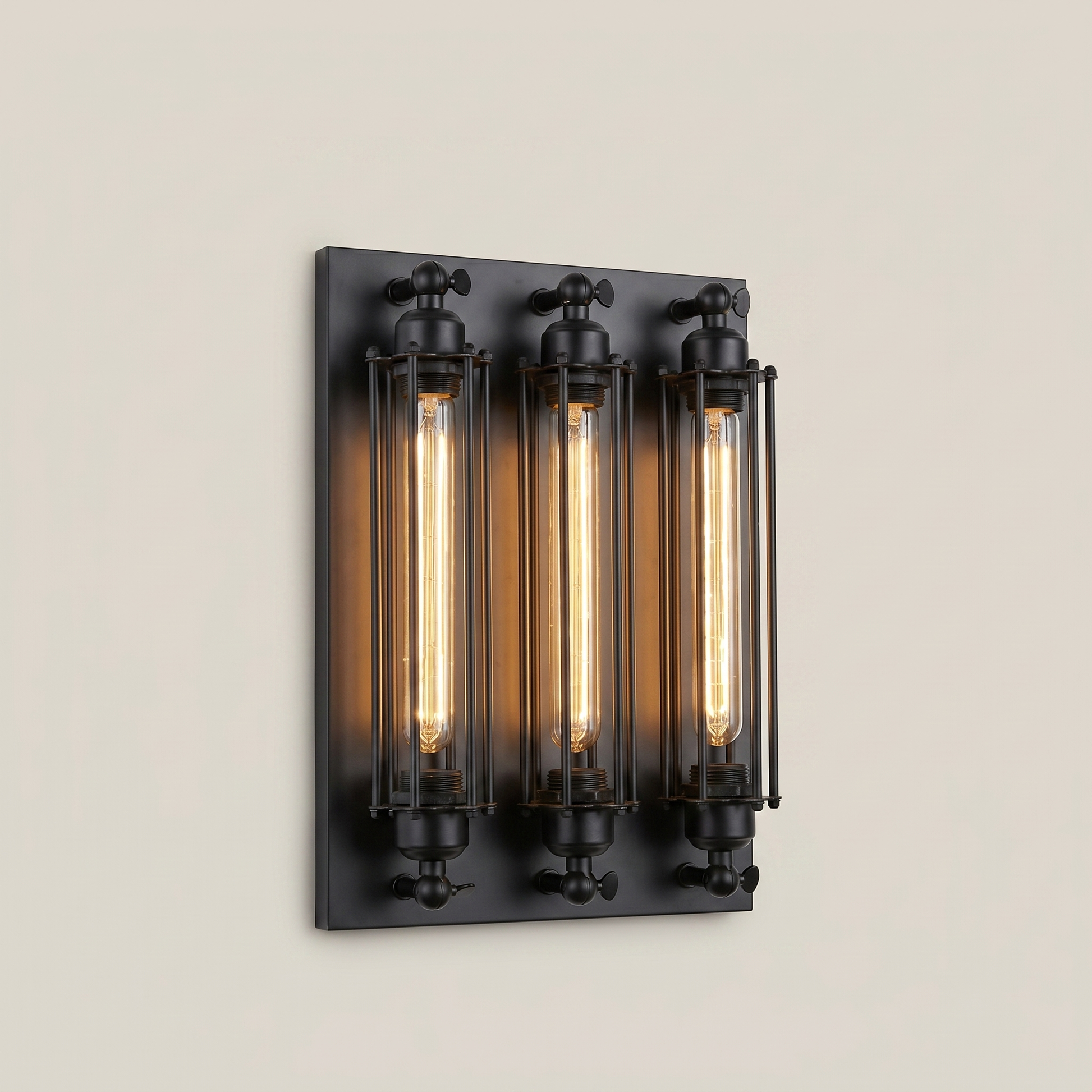 Ambient room view of iron multi-head LED wall sconce in black finish with warm light and retro style