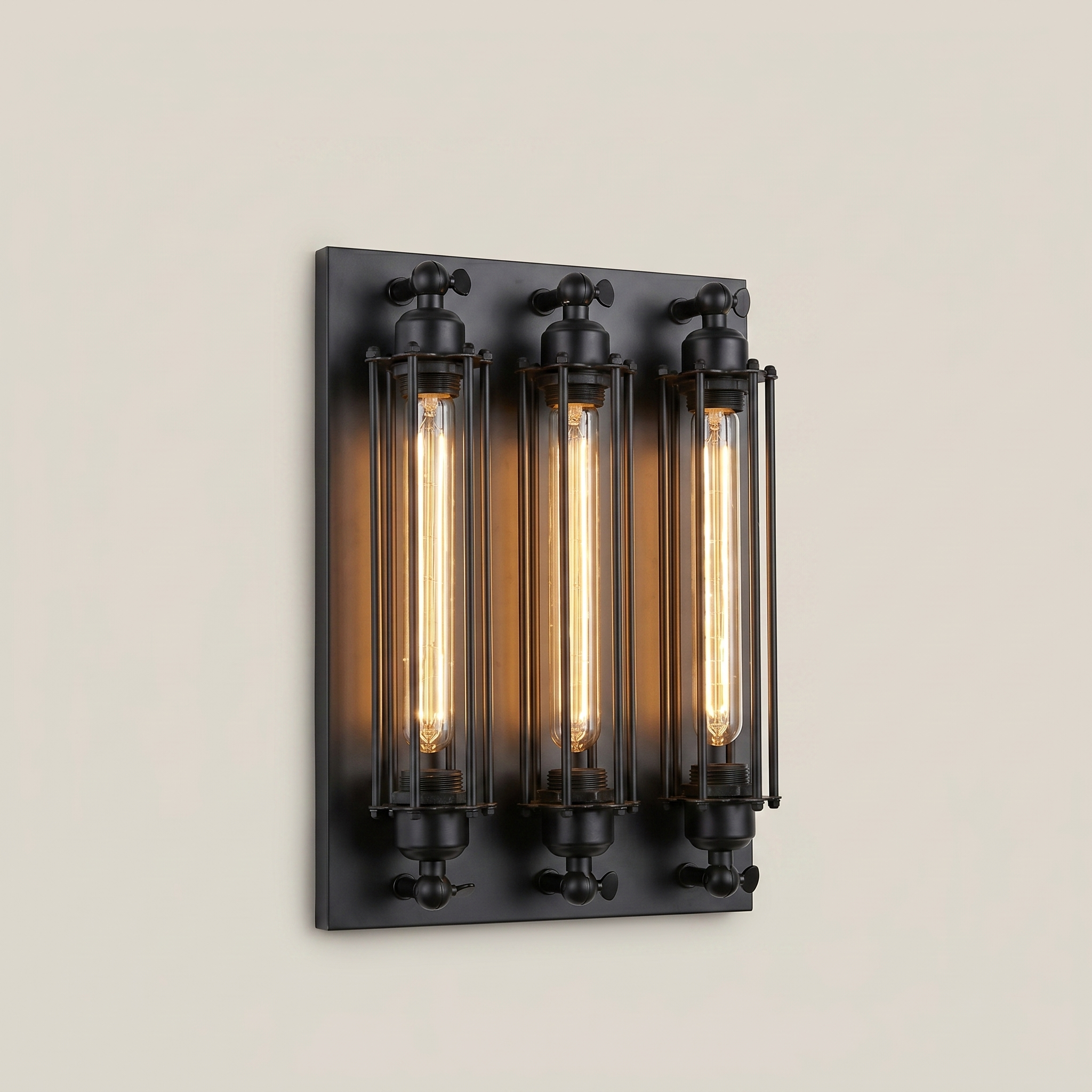 Ambient room view of iron multi-head LED wall sconce in black finish with warm light and retro style