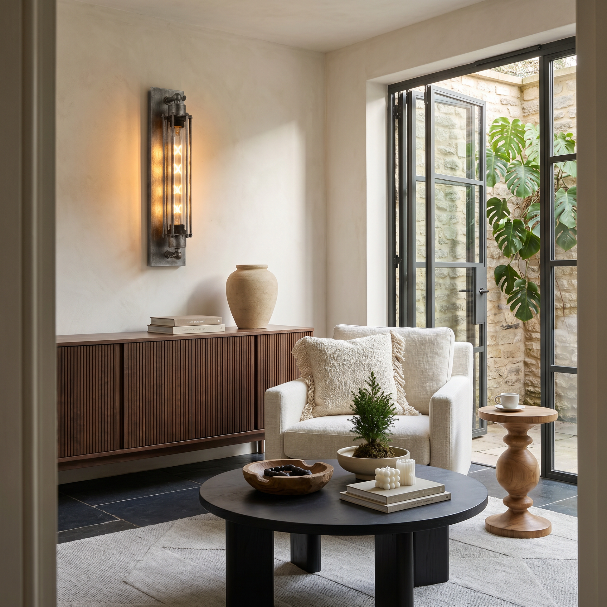 Detail shot of iron antique brass multi-head LED wall sconce with warm light in sitting room