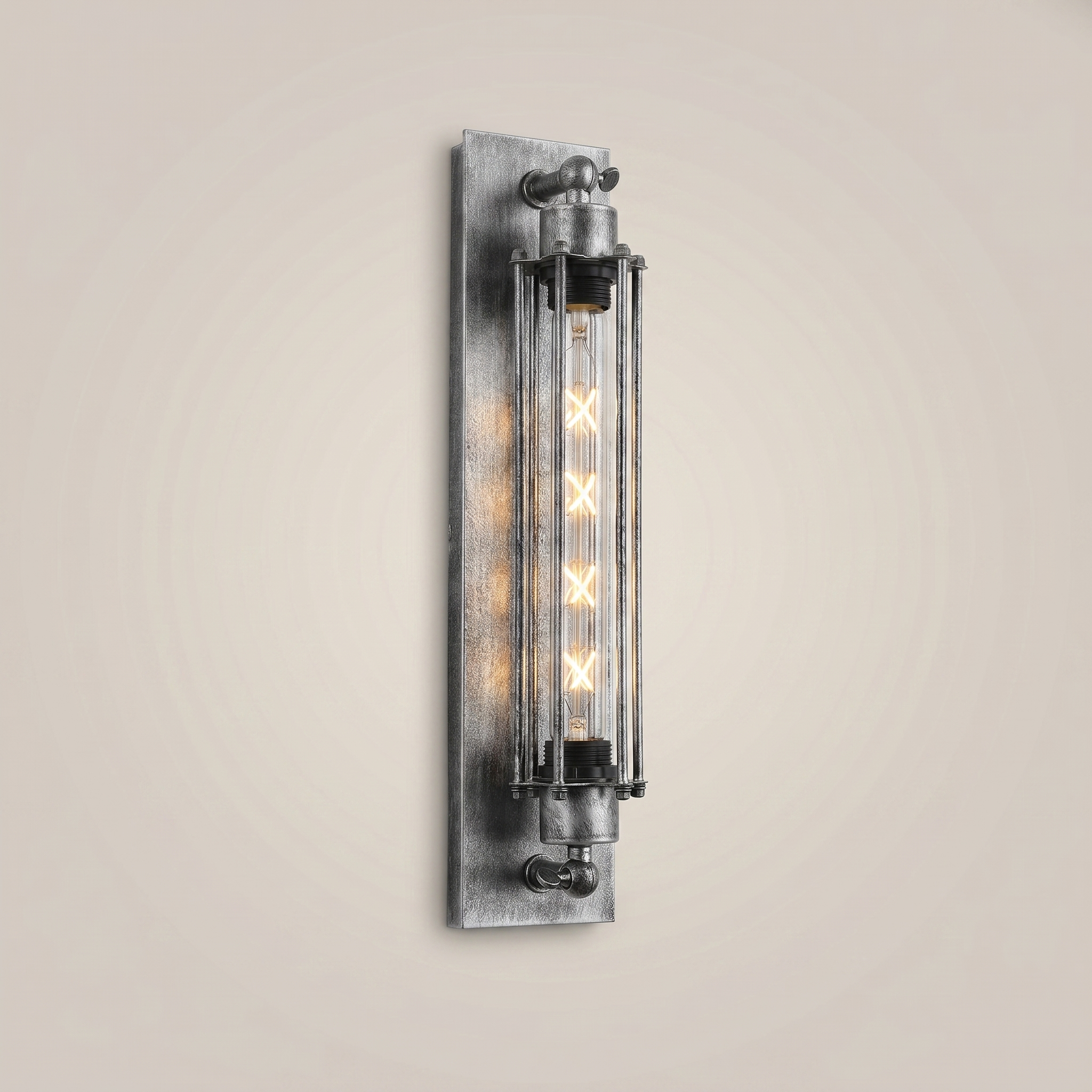 Detail shot of iron multi-head LED wall sconce in black finish with warm light variant