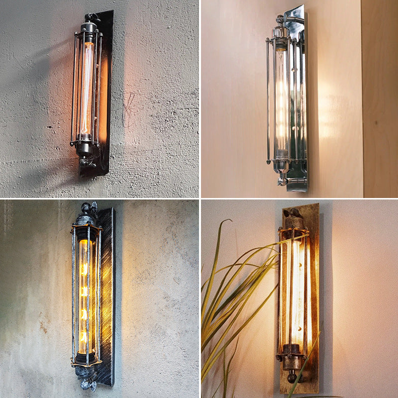Iron multi-head LED wall sconce front view in black finish with warm light showing retro design variant