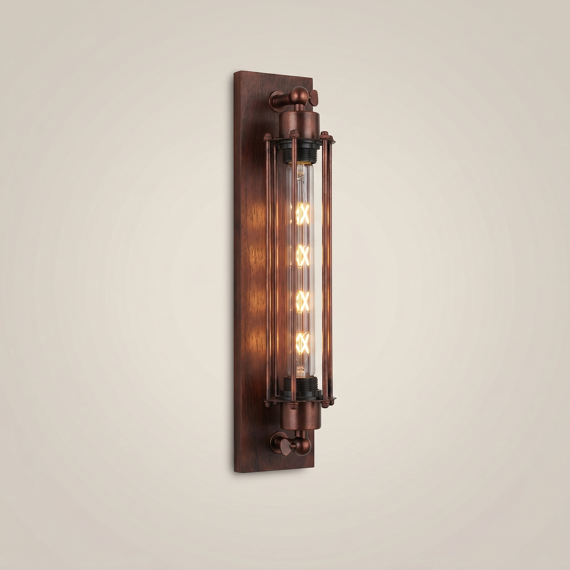 Front view of double-head iron multi-head LED wall sconce in black finish with warm light variant