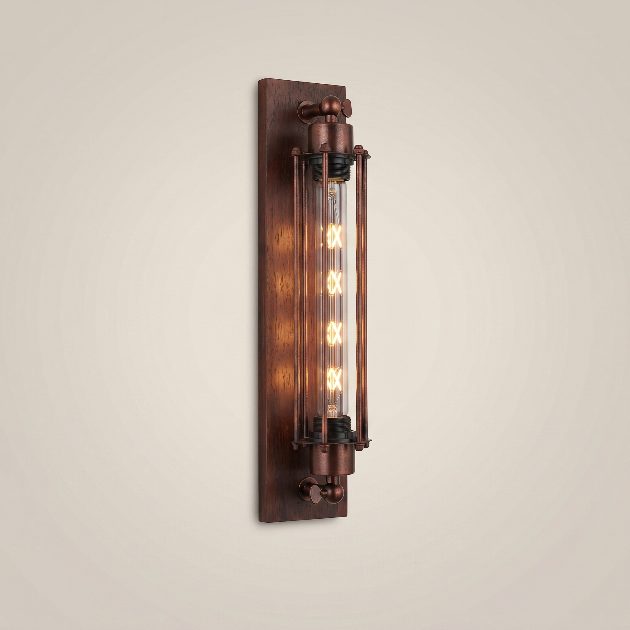 Front view of double-head iron multi-head LED wall sconce in black finish with warm light variant