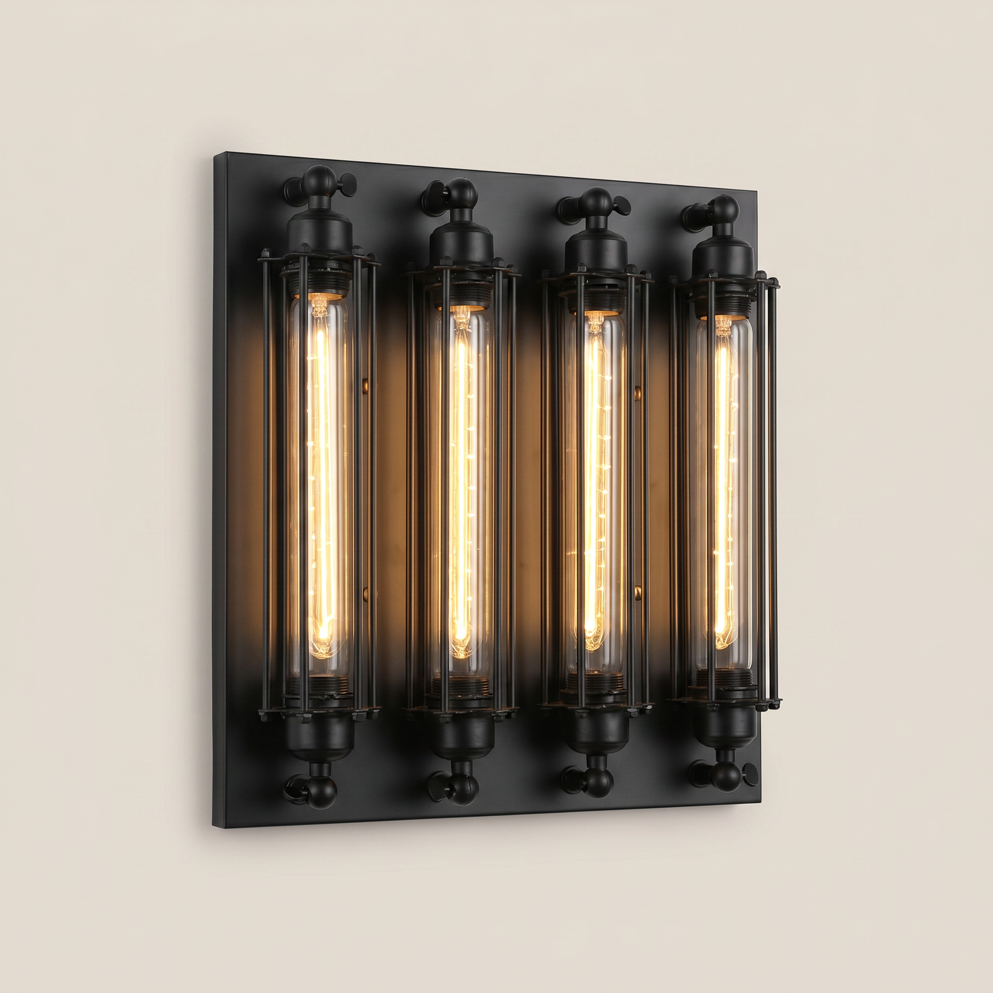 Over the shoulder view of iron multi-head LED wall sconce in black finish with warm glow and retro design