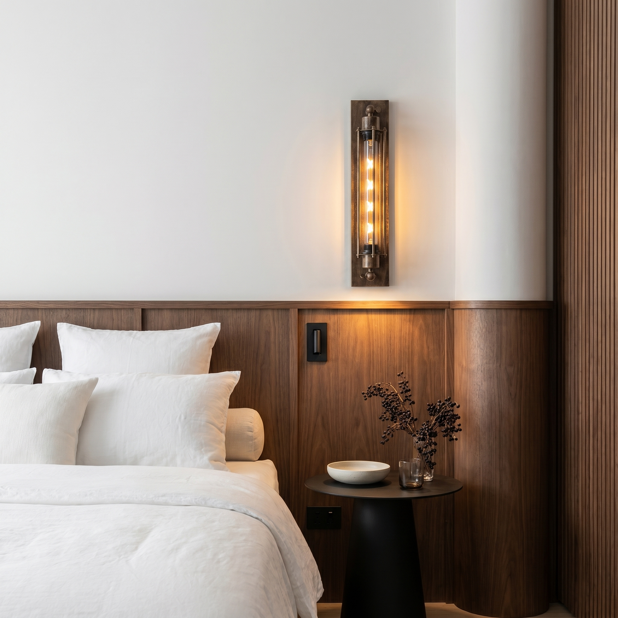 Iron antique brass multi-head LED wall sconce side profile showing warm glow on bedroom wall
