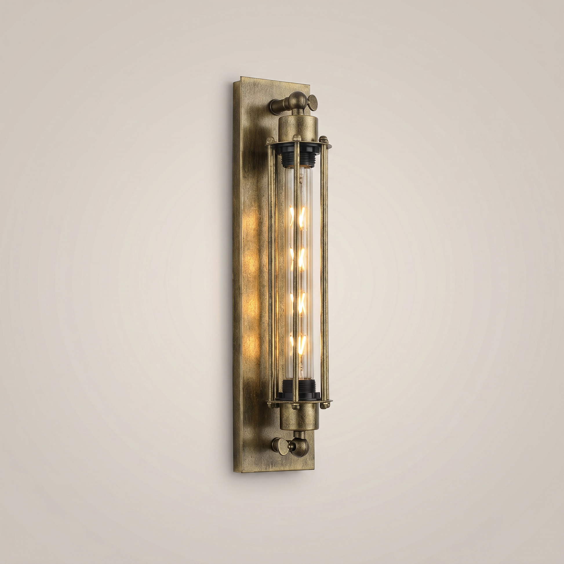 Side profile of four-head iron multi-head LED wall sconce in black finish with warm light variant