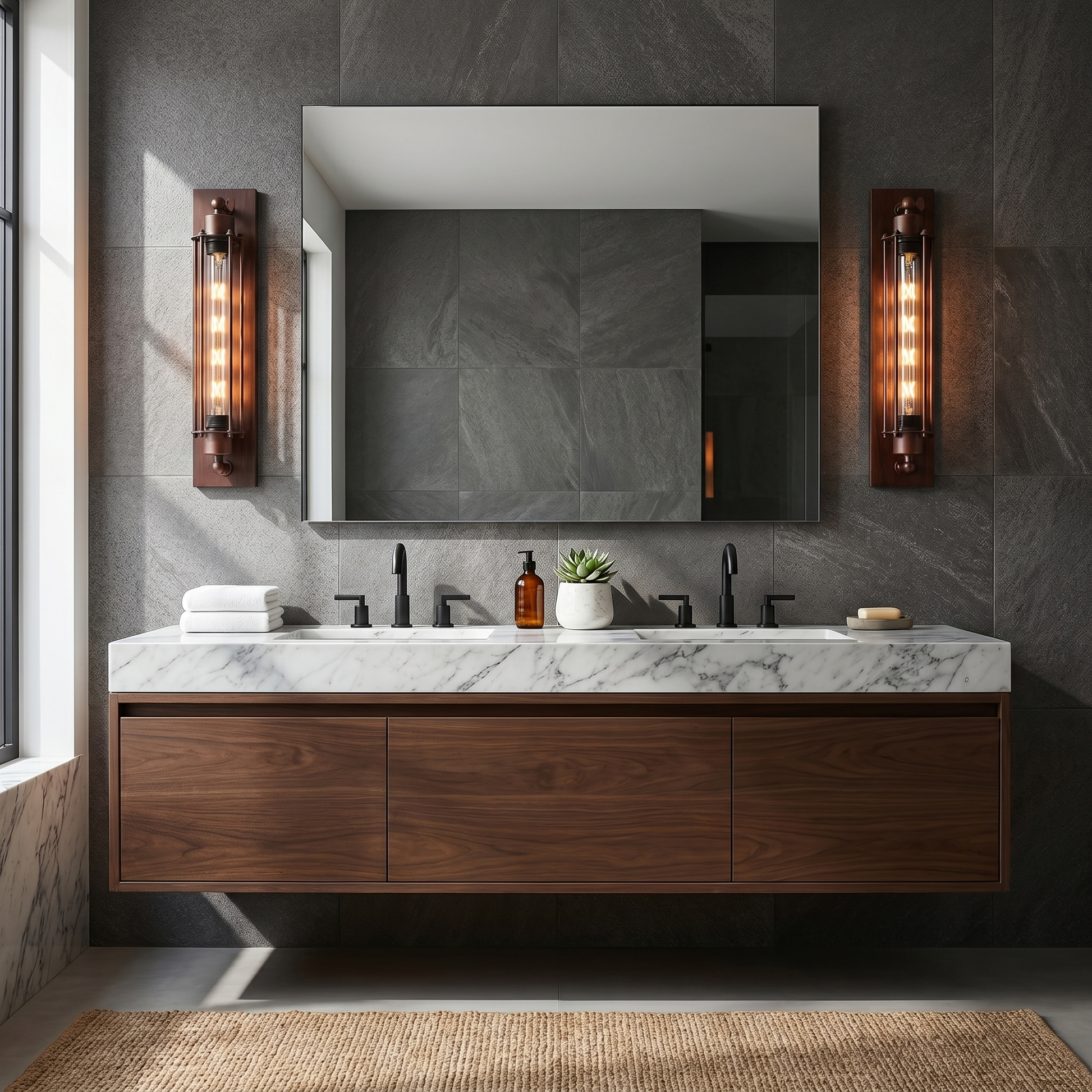 Iron antique brass multi-head LED wall sconce at three-quarter angle with warm light lit on bathroom wall