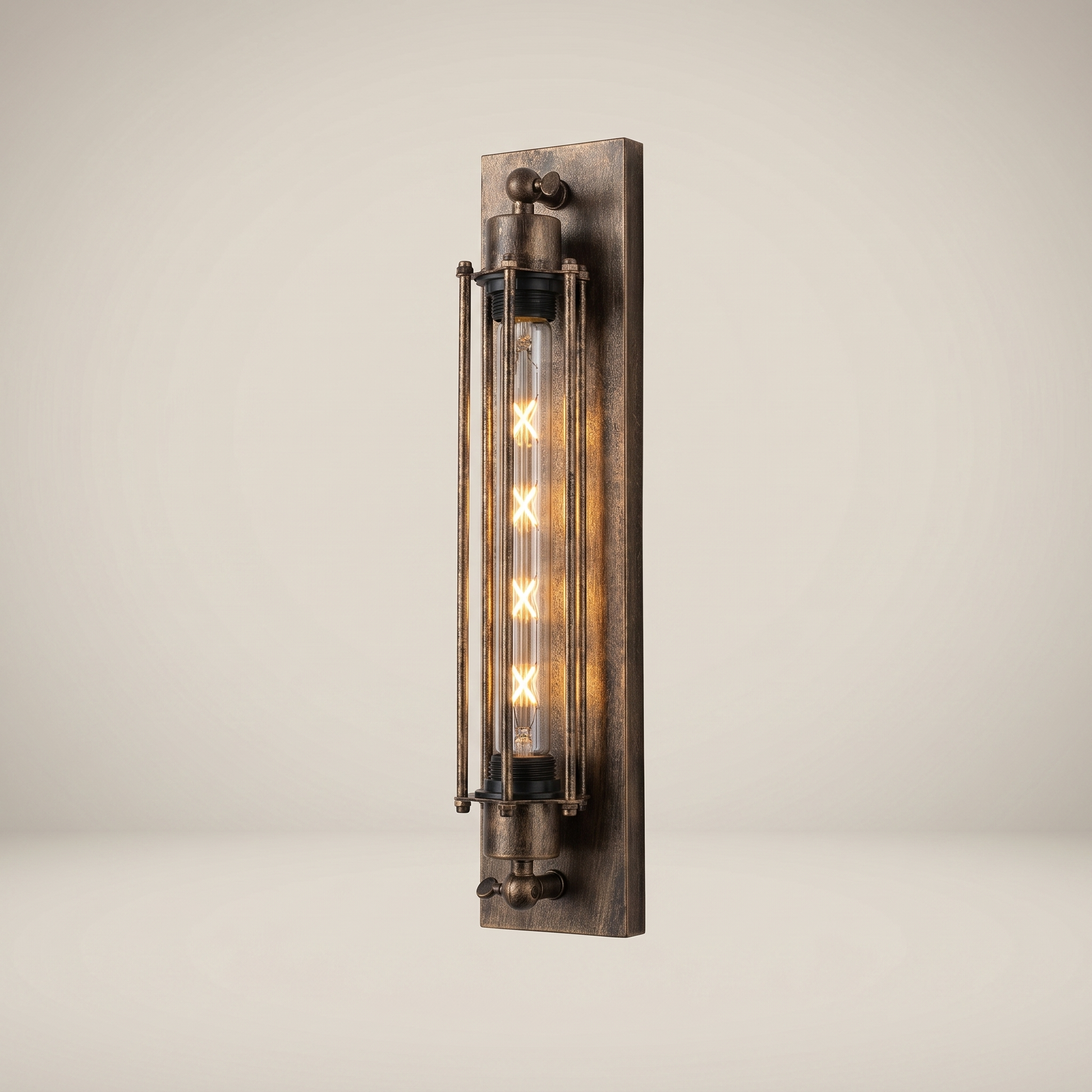 Three-quarter view of triple-head iron multi-head LED wall sconce in black finish with warm glow variant