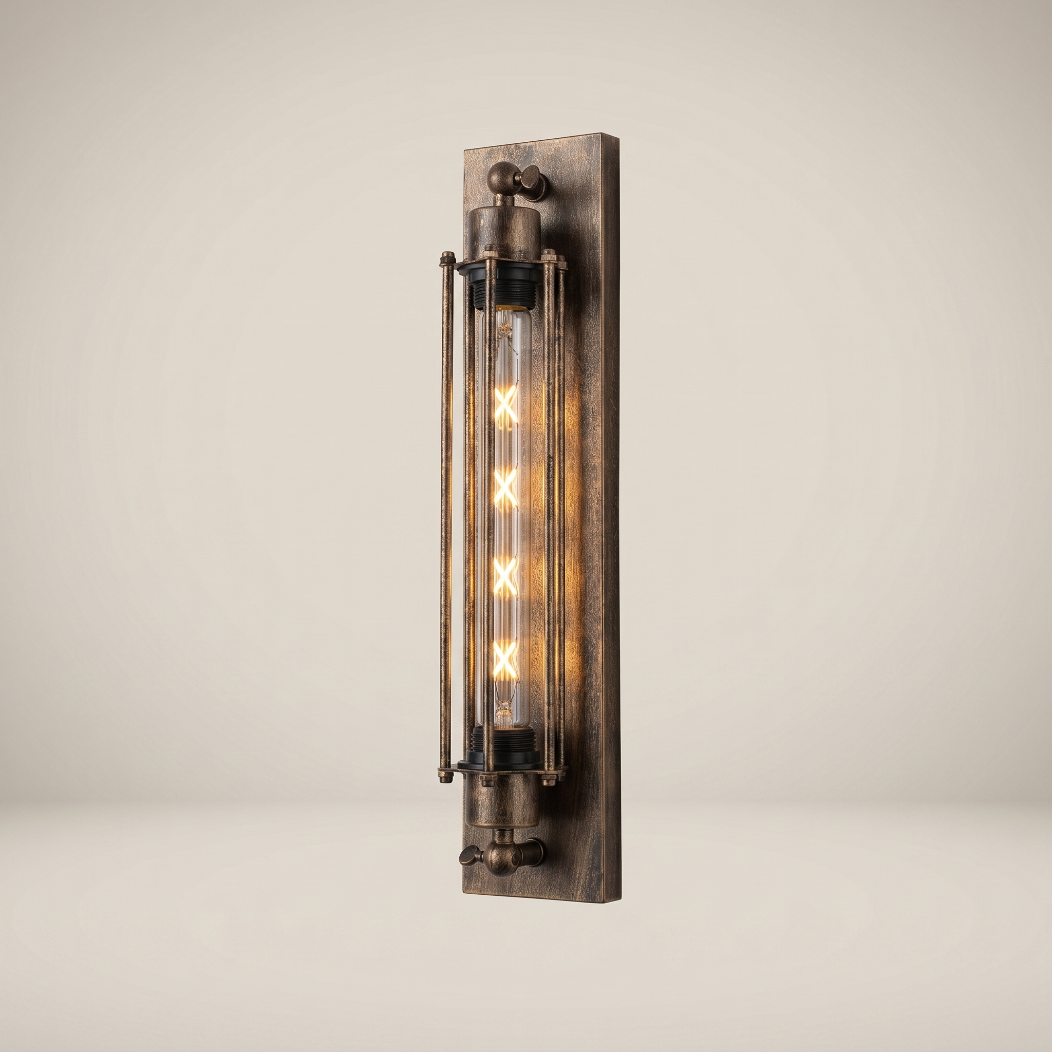 Three-quarter view of triple-head iron multi-head LED wall sconce in black finish with warm glow variant