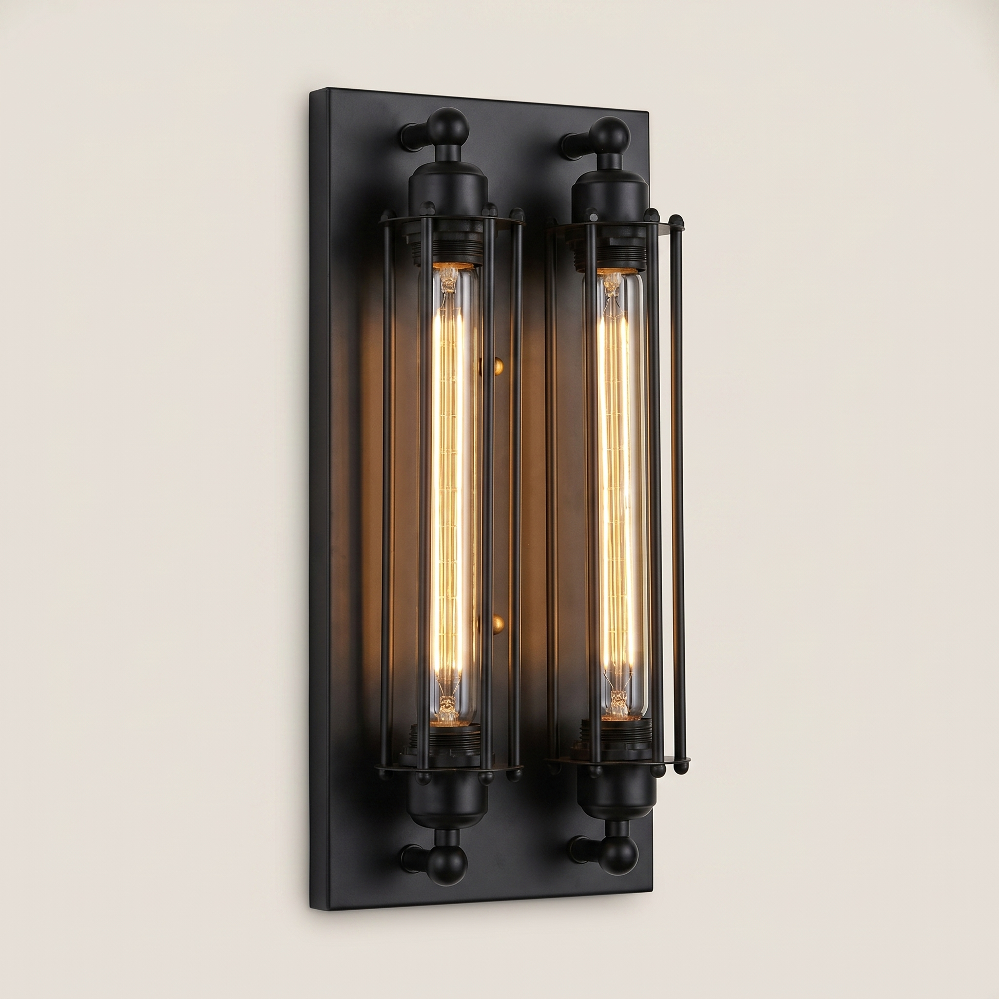 Top down view of iron multi-head LED wall sconce in black finish with warm light variant