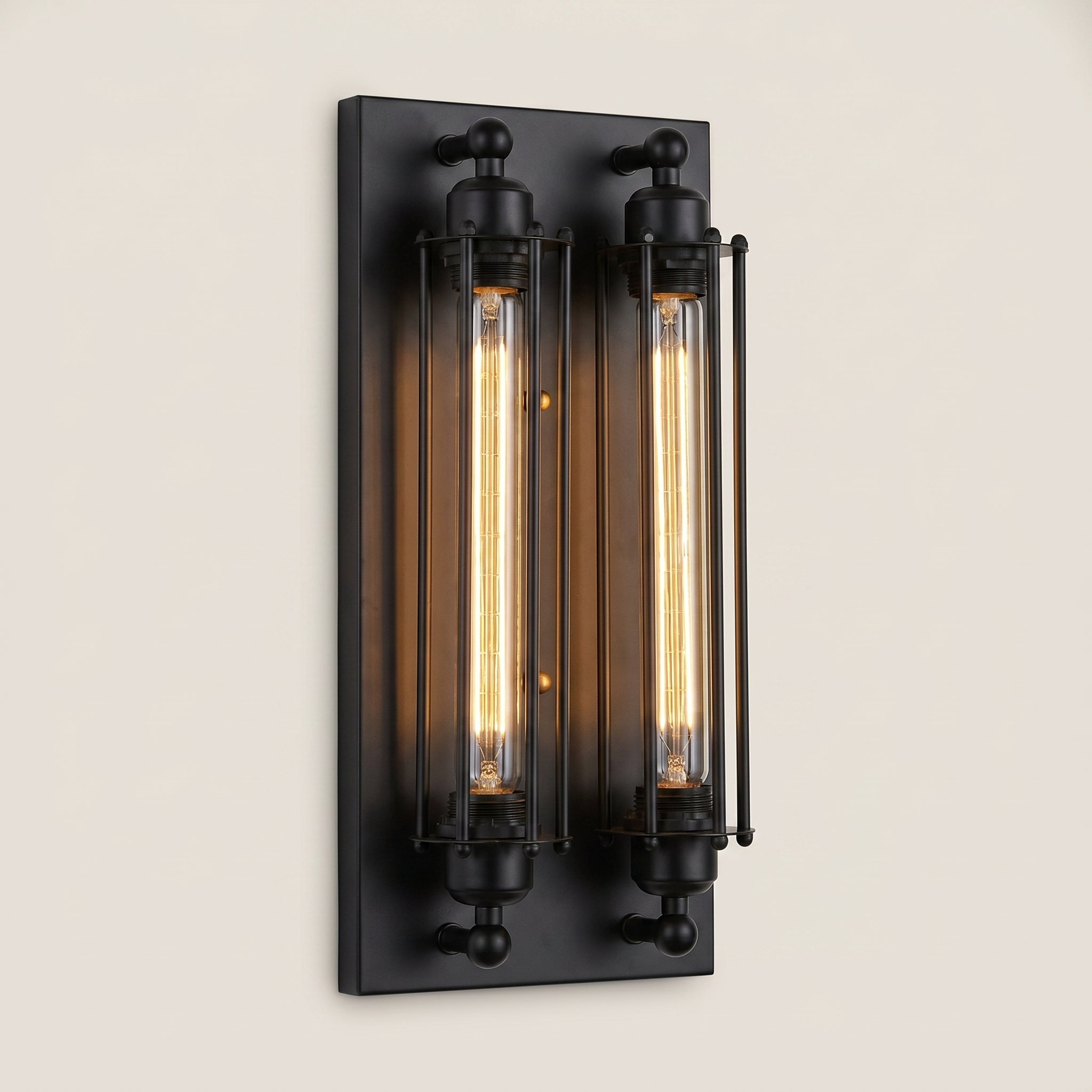 Top down view of iron multi-head LED wall sconce in black finish with warm light variant