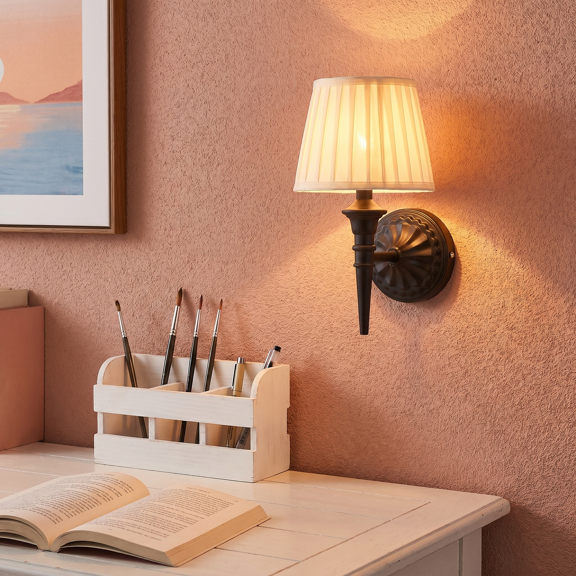 Eye-level wide shot of lit rechargeable wall lamp on home office wall with iron baked paint body position three
