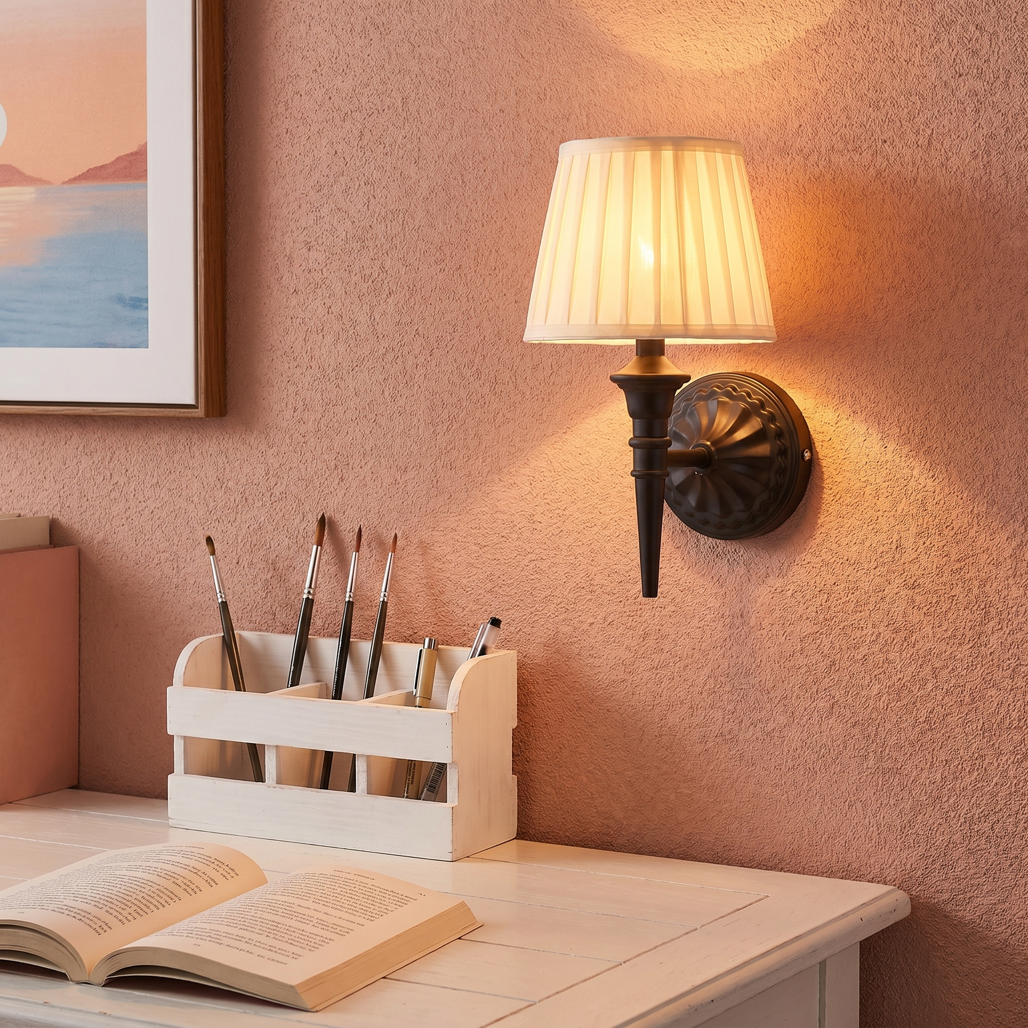 Eye-level wide shot of lit rechargeable wall lamp on home office wall with iron baked paint body position three