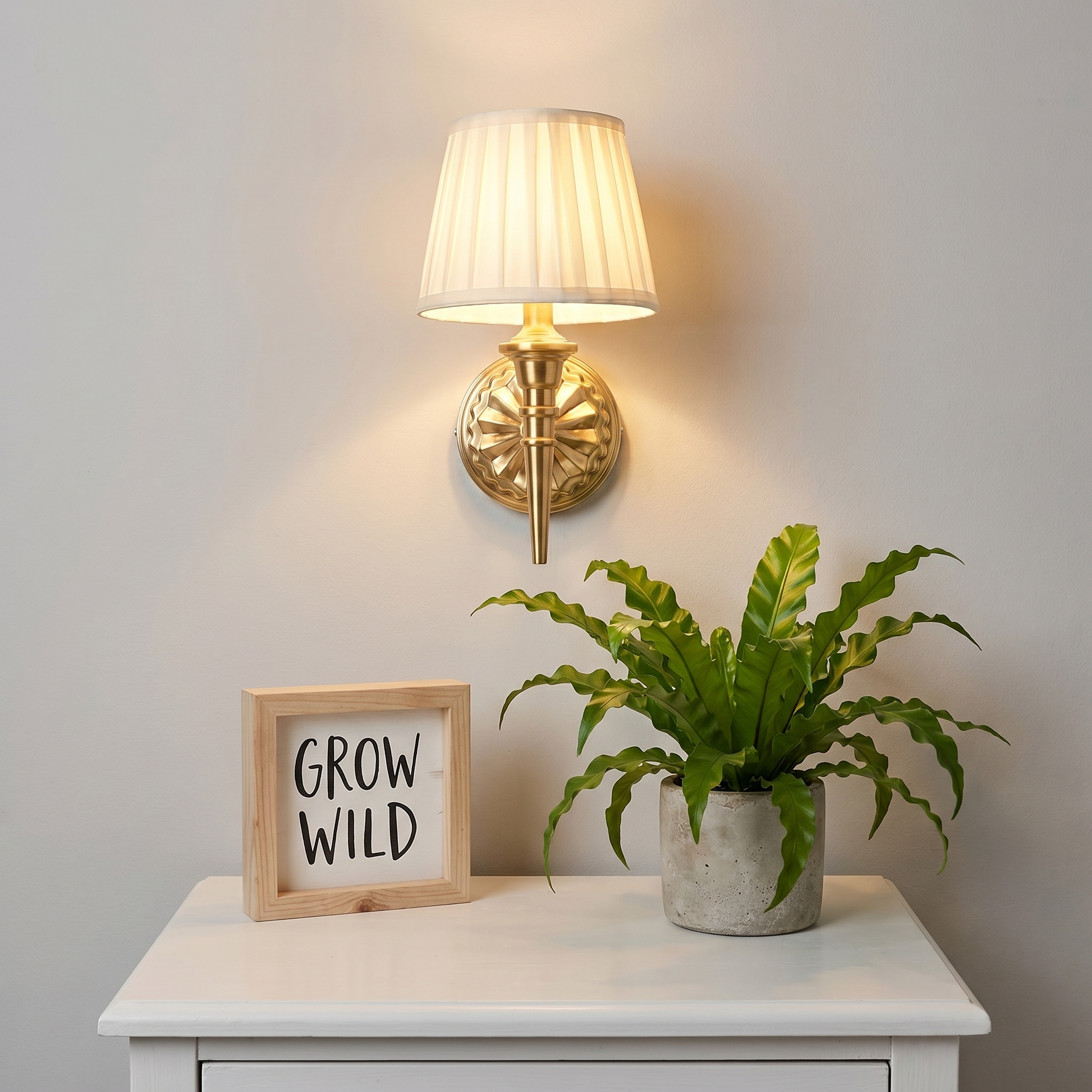Front view lit rechargeable wall lamp mounted in hallway with pull cord switch visible and iron body position five