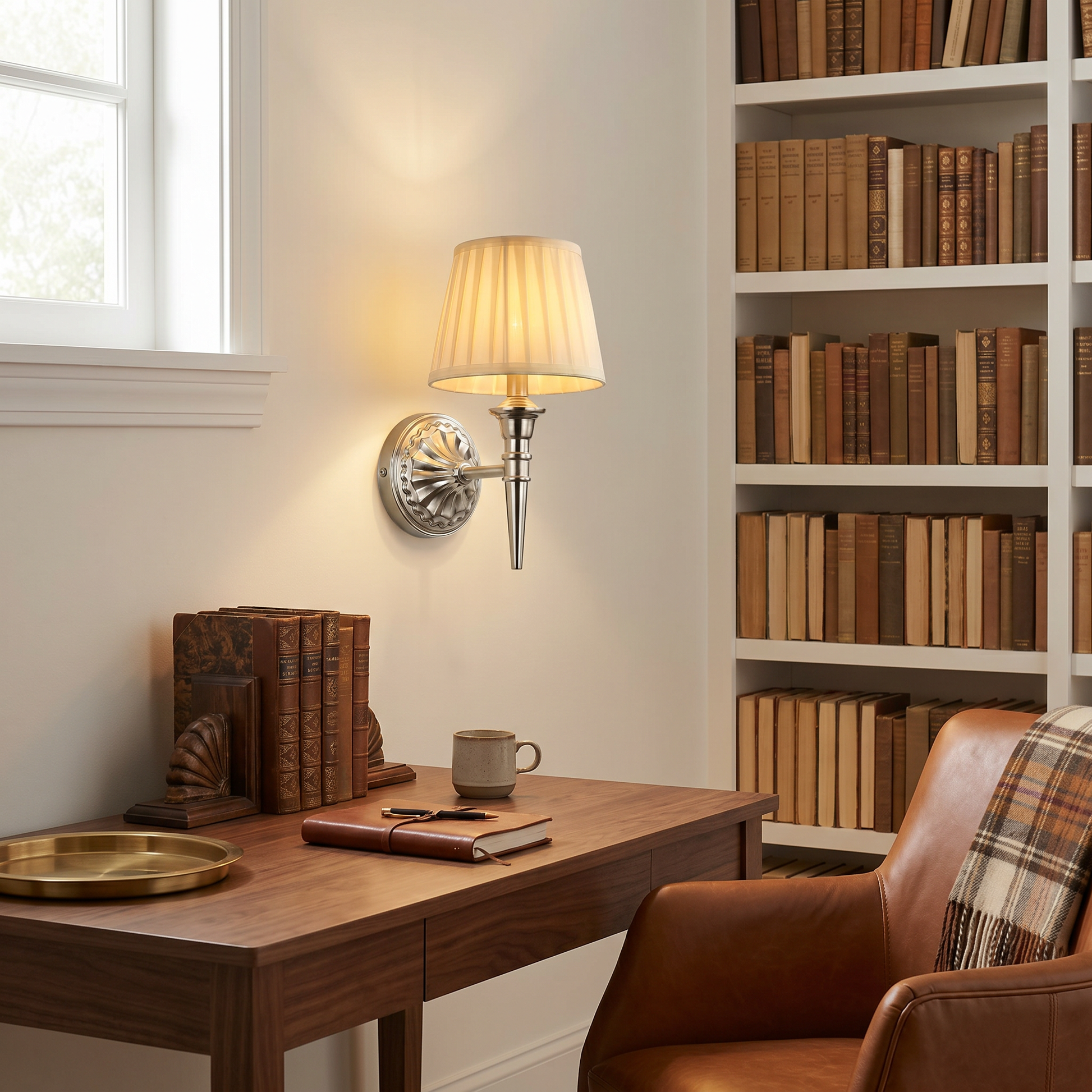 Side profile lit rechargeable wall lamp on library wall showing white fabric lampshade and iron baked paint body position six