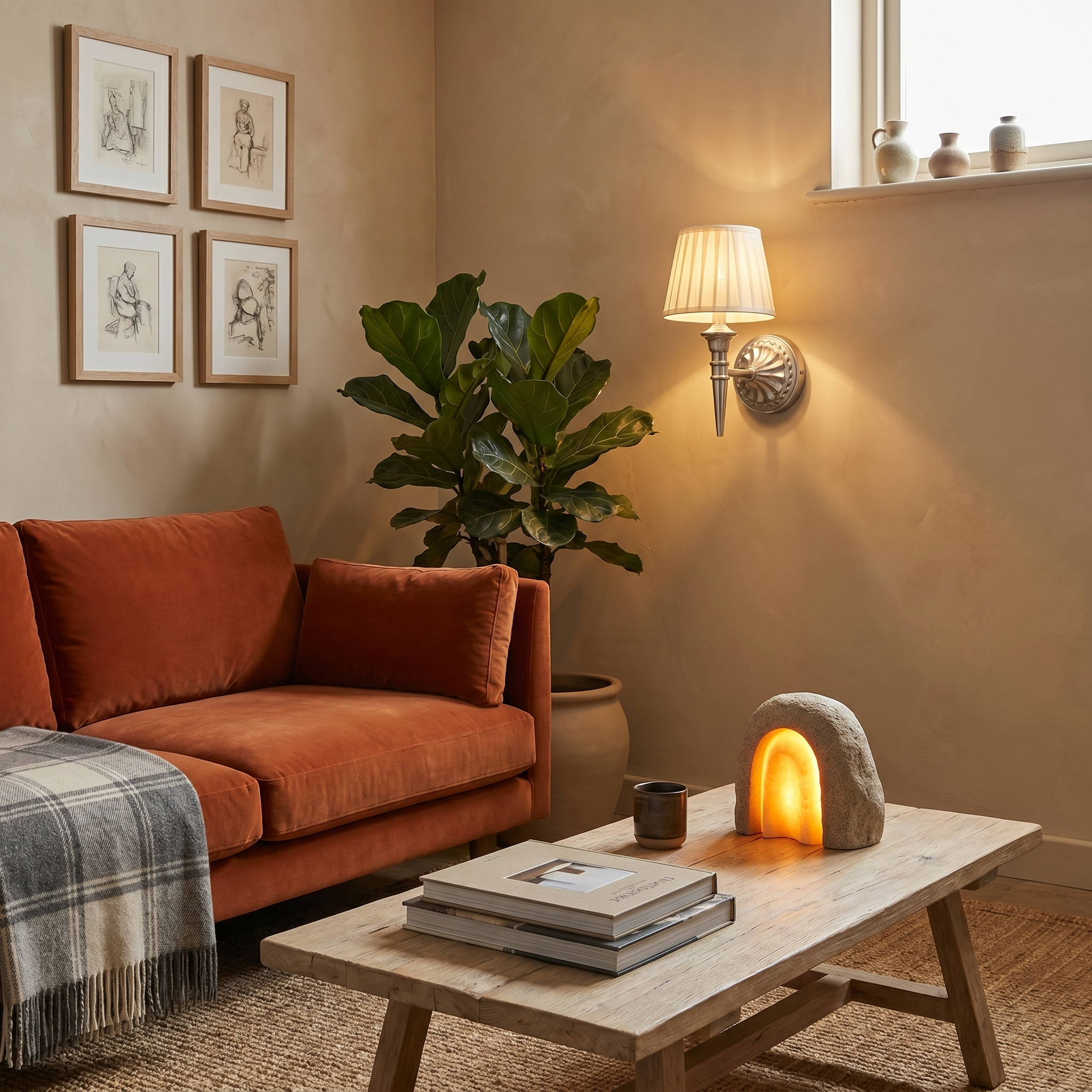 Side profile lit rechargeable wall lamp on living room wall showing white PVC fabric lampshade position two