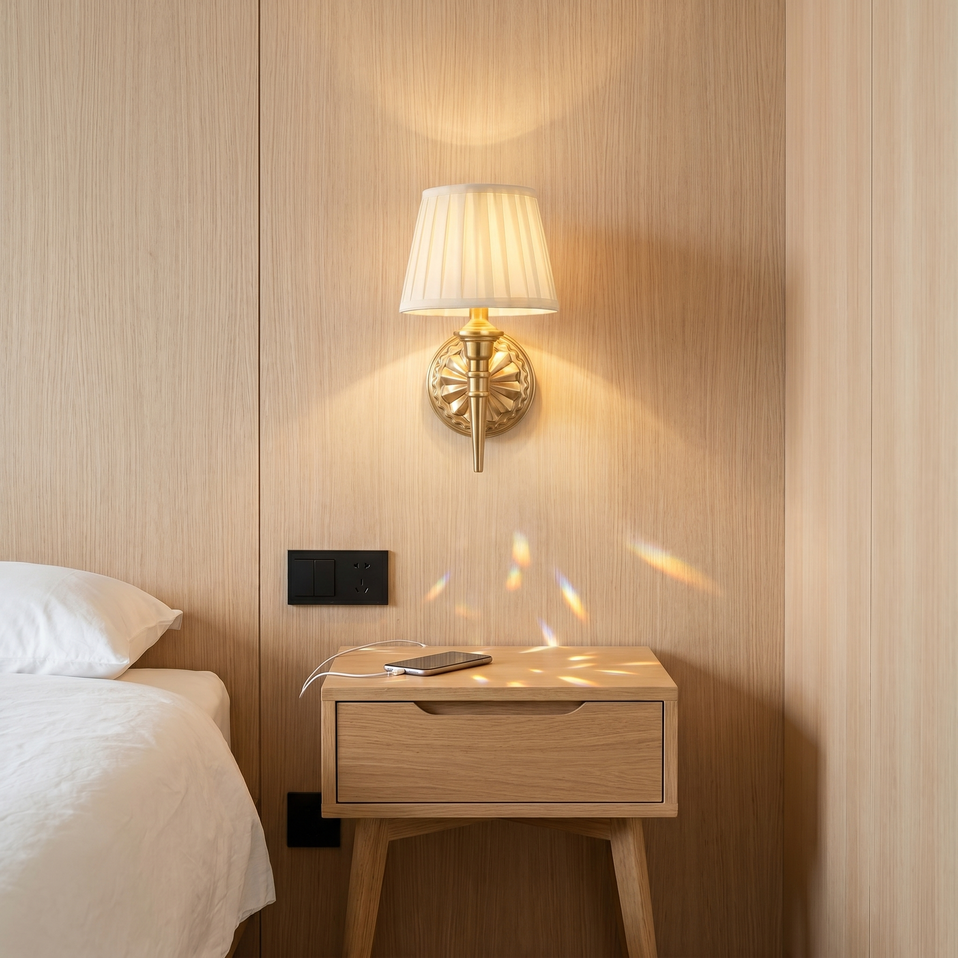 Three-quarter angle lit rechargeable wall lamp mounted on bedroom wall with pull cord switch visible position one