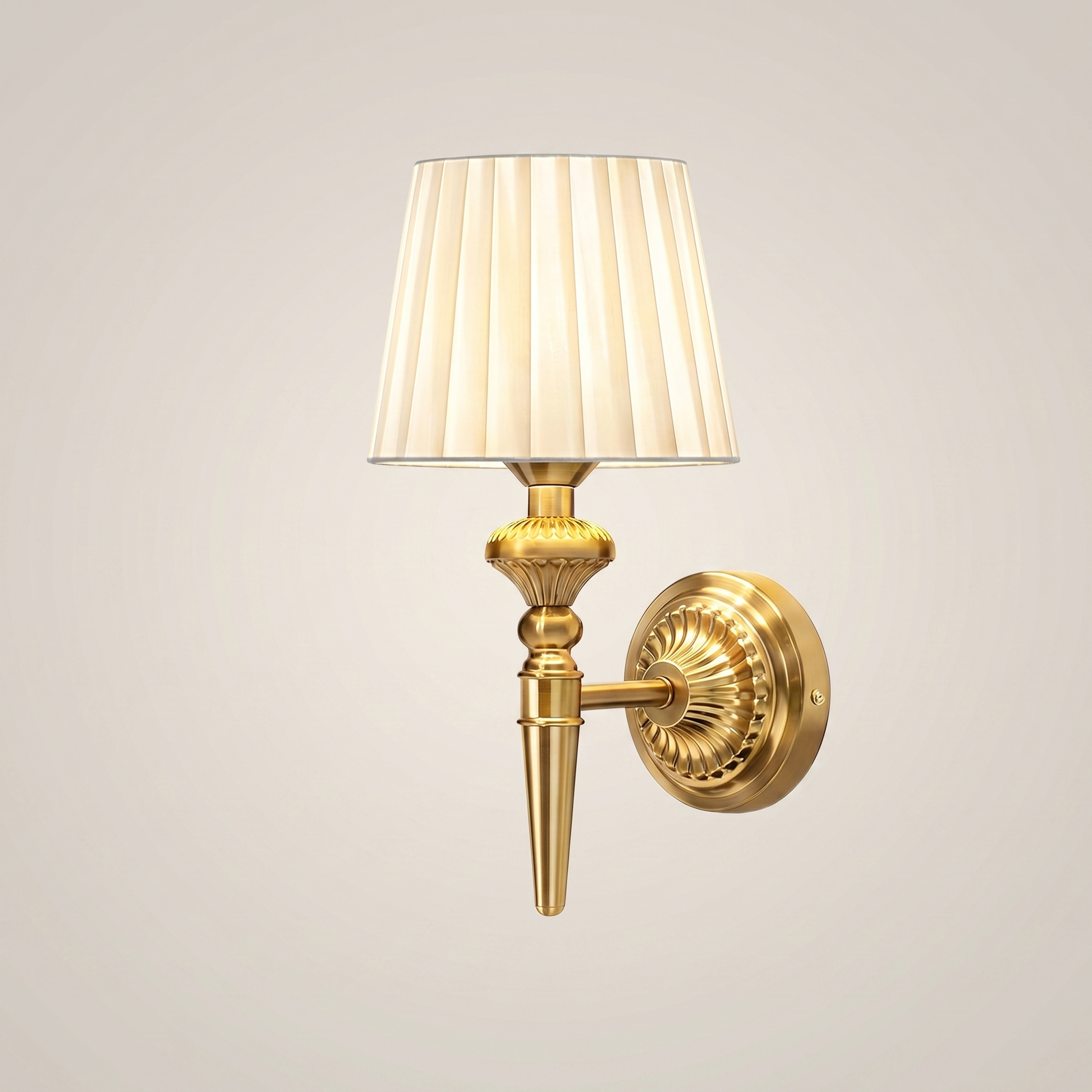 Three-quarter angle lit rechargeable wall lamp showing iron baked paint body and white fabric lampshade position nine