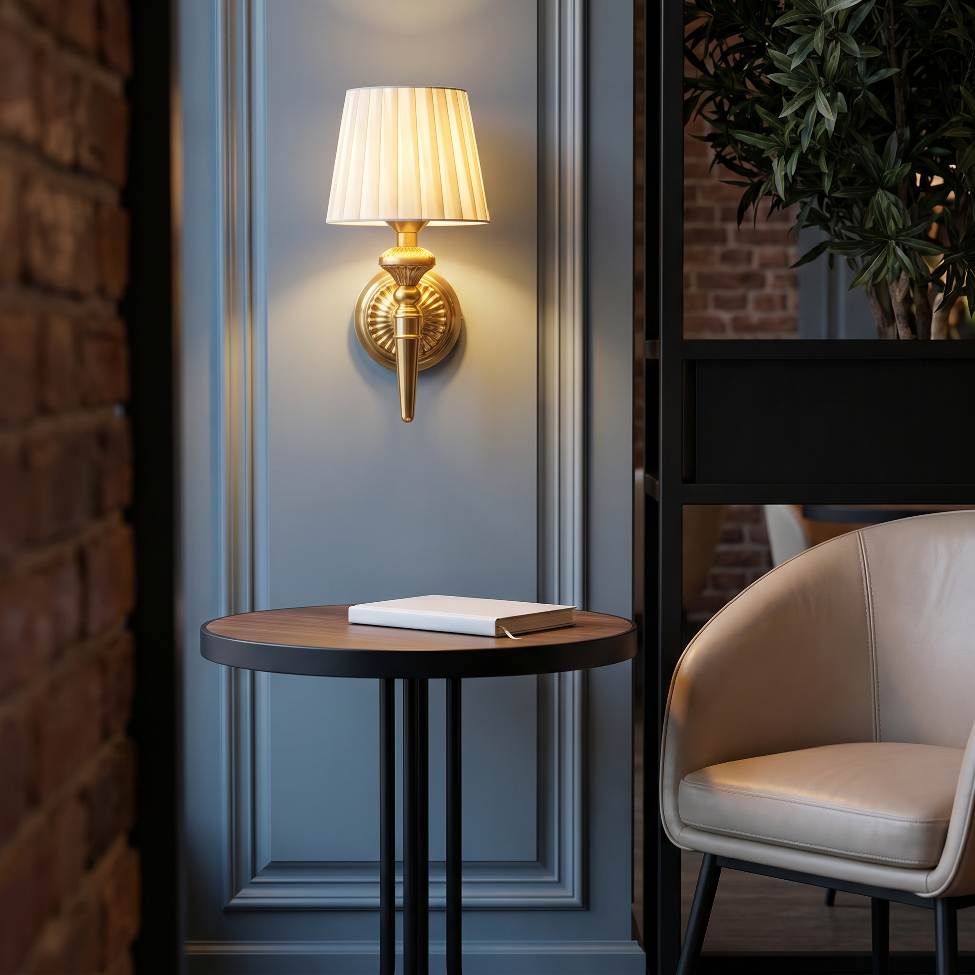 Three-quarter angle lit rechargeable wall lamp on sitting room wall with removable white PVC fabric shade position four