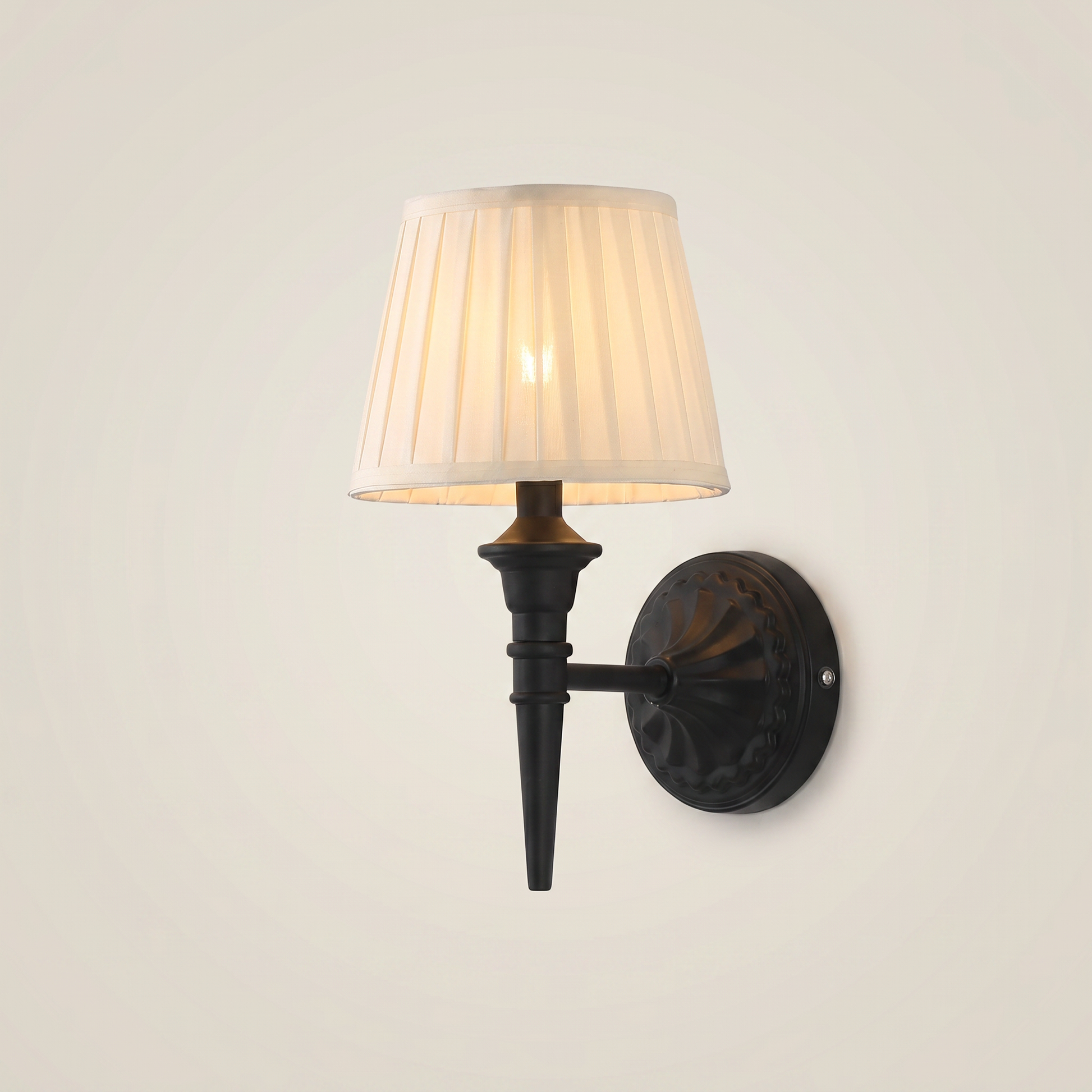 Top-down lit view of rechargeable wall lamp with white PVC fabric lampshade and iron baked paint body position eight