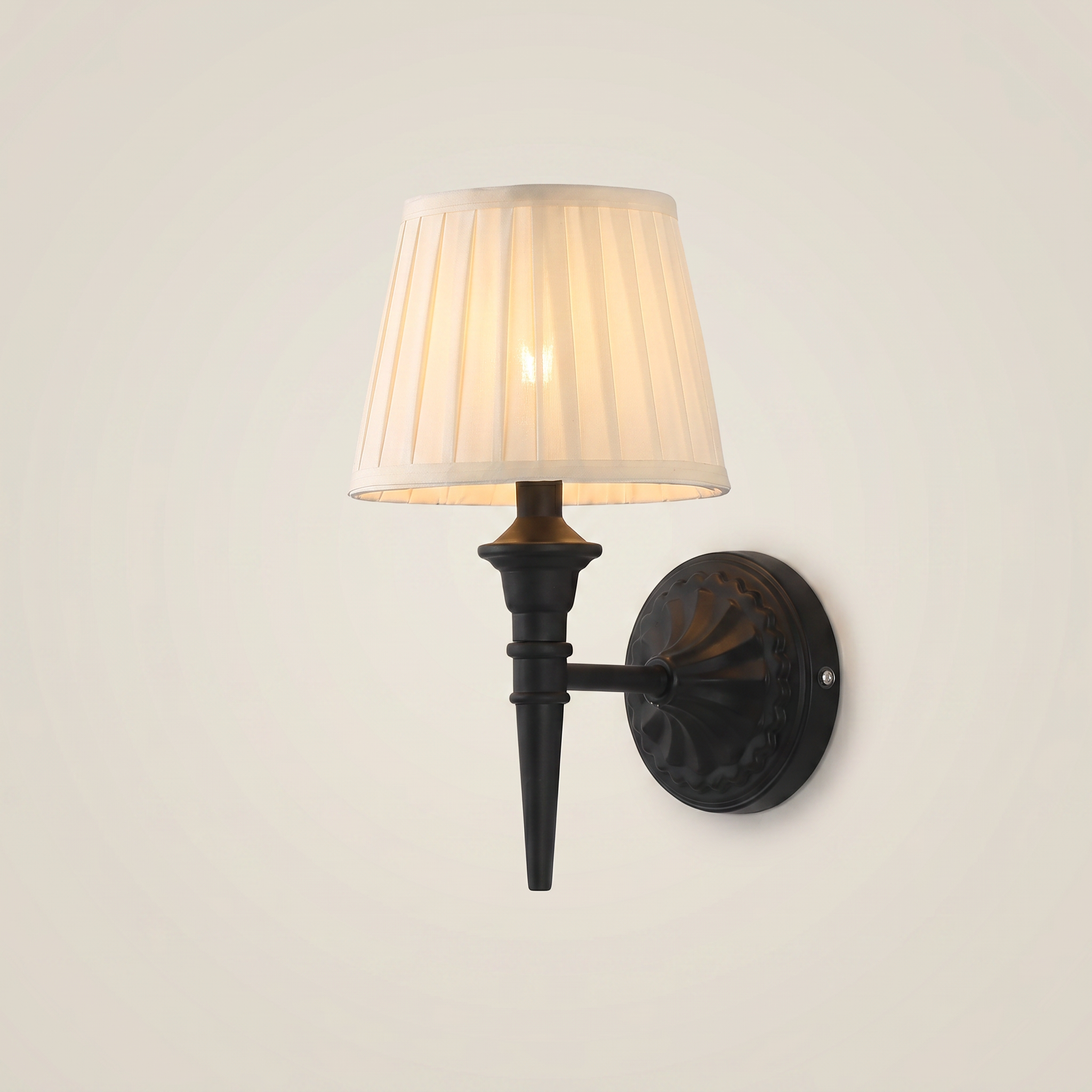 Top-down lit view of rechargeable wall lamp with white PVC fabric lampshade and iron baked paint body position eight