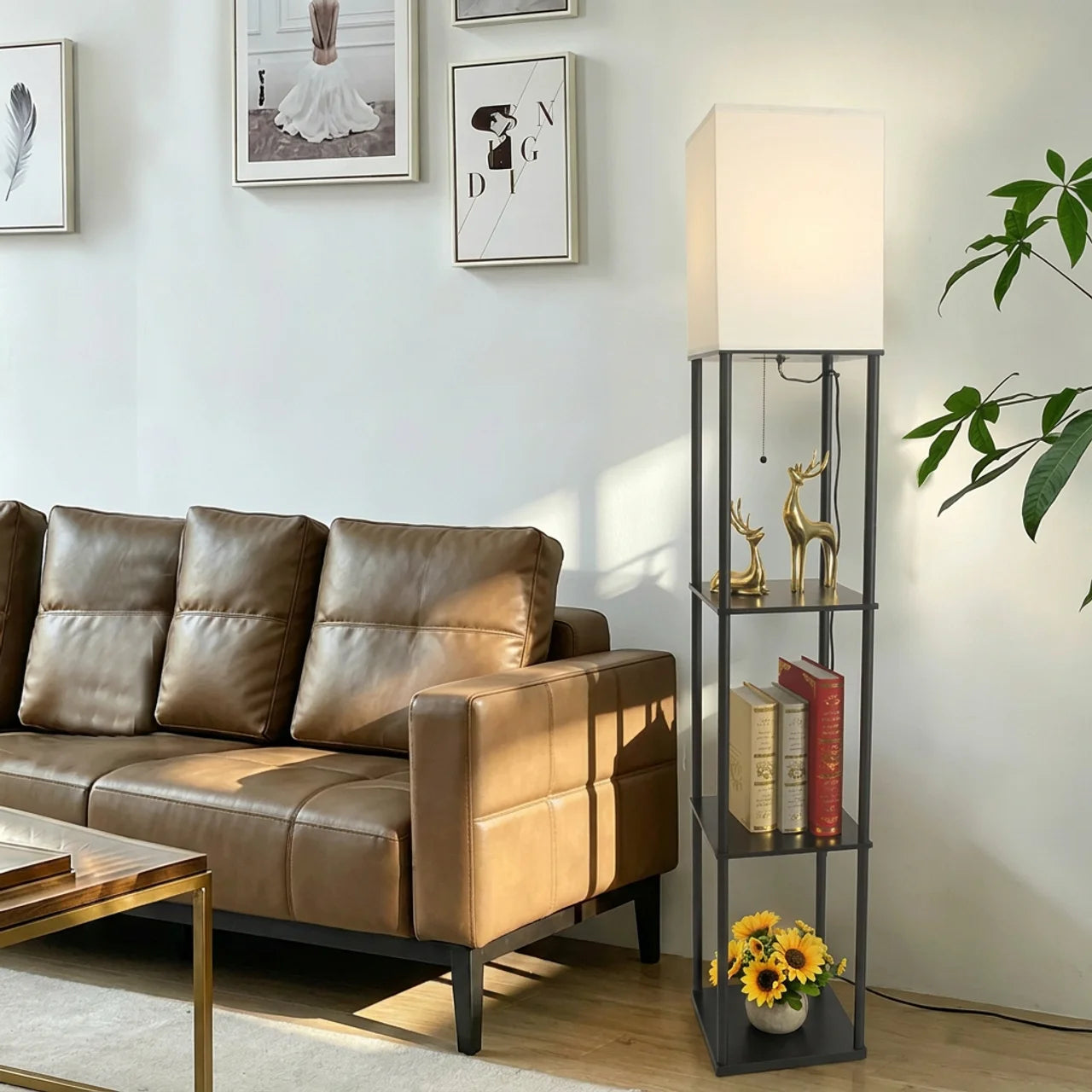 Ambient room view of iron black fabric shade pull cord floor lamp with black iron frame cream fabric shade and storage shelves