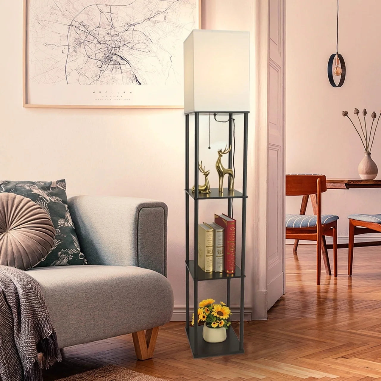Close-up of iron black fabric shade pull cord floor lamp showing black iron frame and MDF shelf detail
