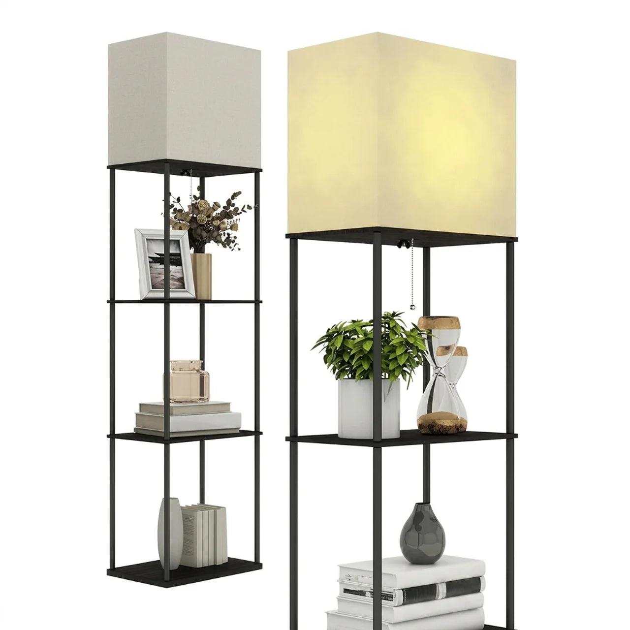 Close-up of iron black fabric shade pull cord floor lamp showing cream fabric shade black iron frame and pull cord detail