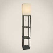 Iron black fabric shade pull cord floor lamp shown front view with black iron frame cream fabric shade and multi-layer shelves