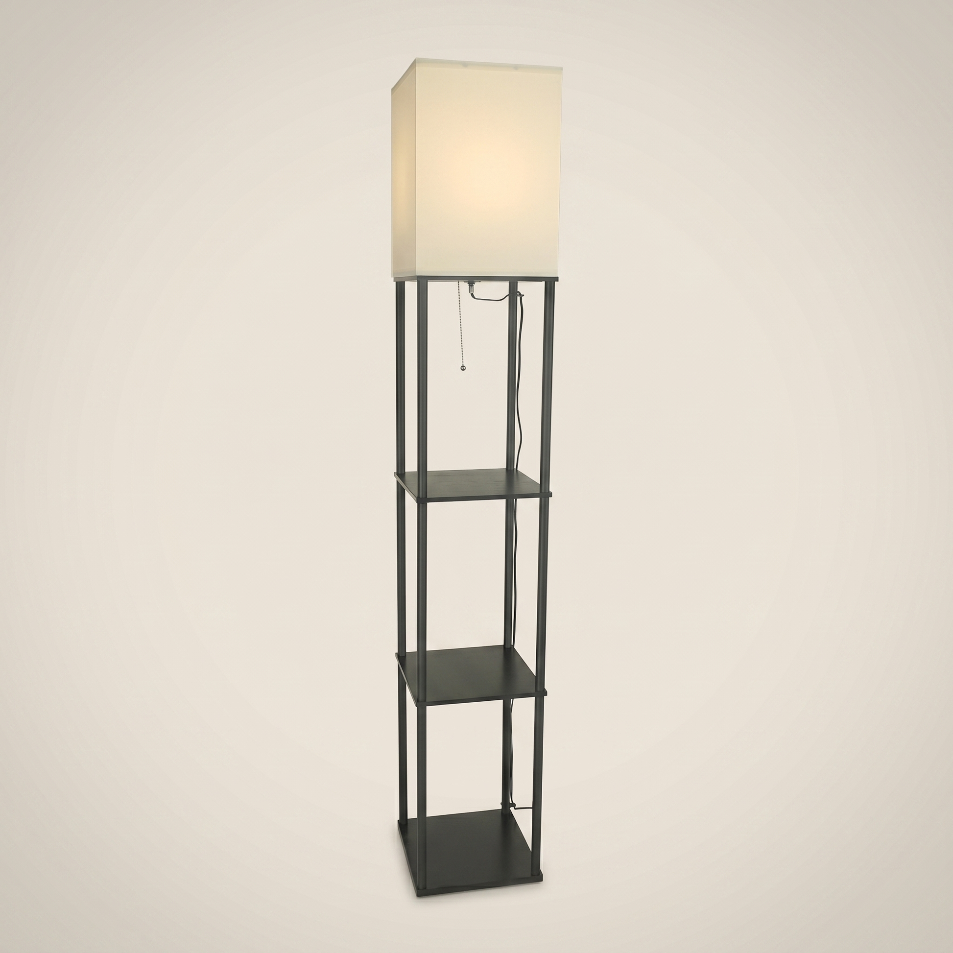 Iron black fabric shade pull cord floor lamp shown front view with black iron frame cream fabric shade and multi-layer shelves
