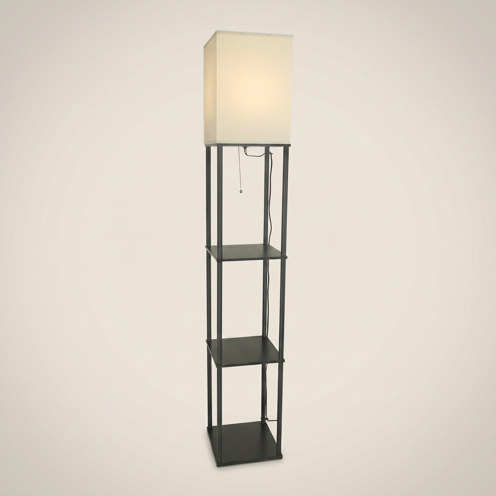 Iron black fabric shade pull cord floor lamp shown front view with black iron frame cream fabric shade and multi-layer shelves
