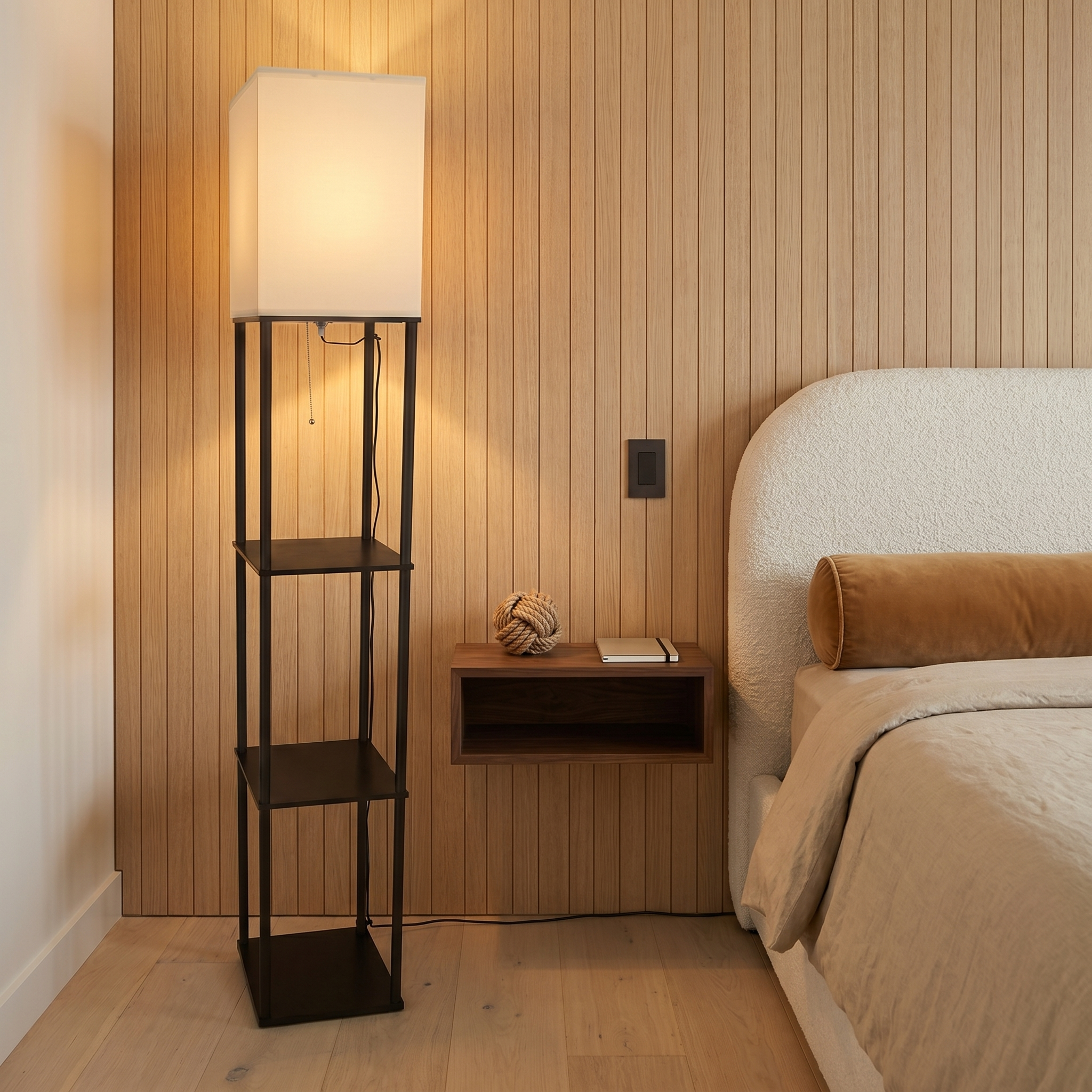 Iron black fabric shade pull cord floor lamp side profile showing cream fabric shade and black iron frame in bedroom scene