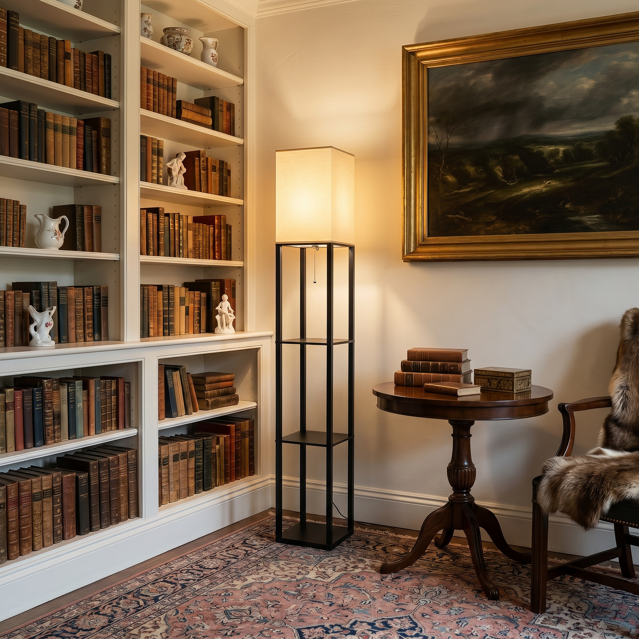 Iron black fabric shade pull cord floor lamp at three-quarter angle with black iron frame MDF shelves in a library setting