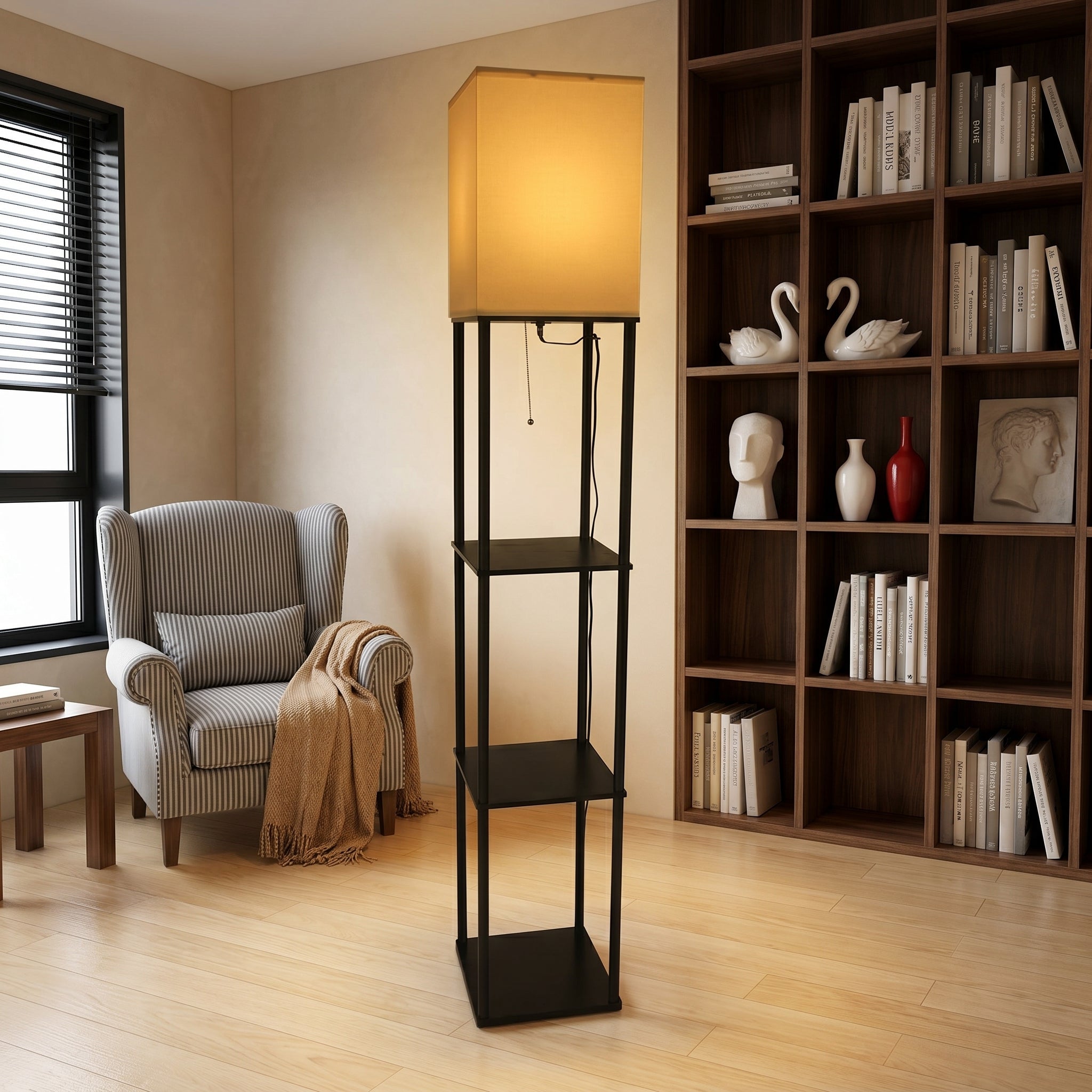 Iron black fabric shade pull cord floor lamp top-down view showing black iron frame and MDF shelves in library environment