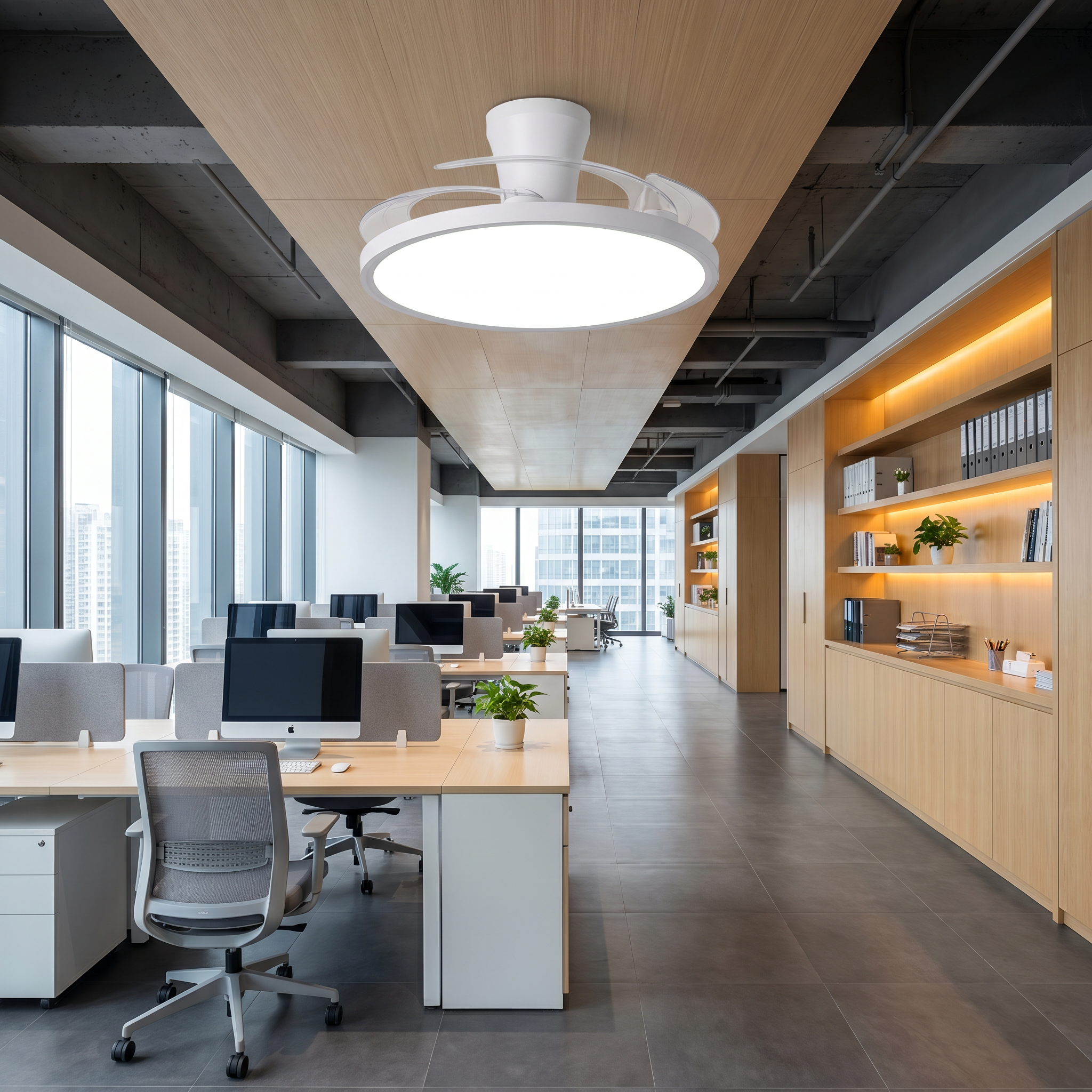 Ambient lifestyle home office scene with iron ultra-thin hidden full-spectrum eye-care LED flush mount ceiling light lit showing iron frame and ABS fan blades