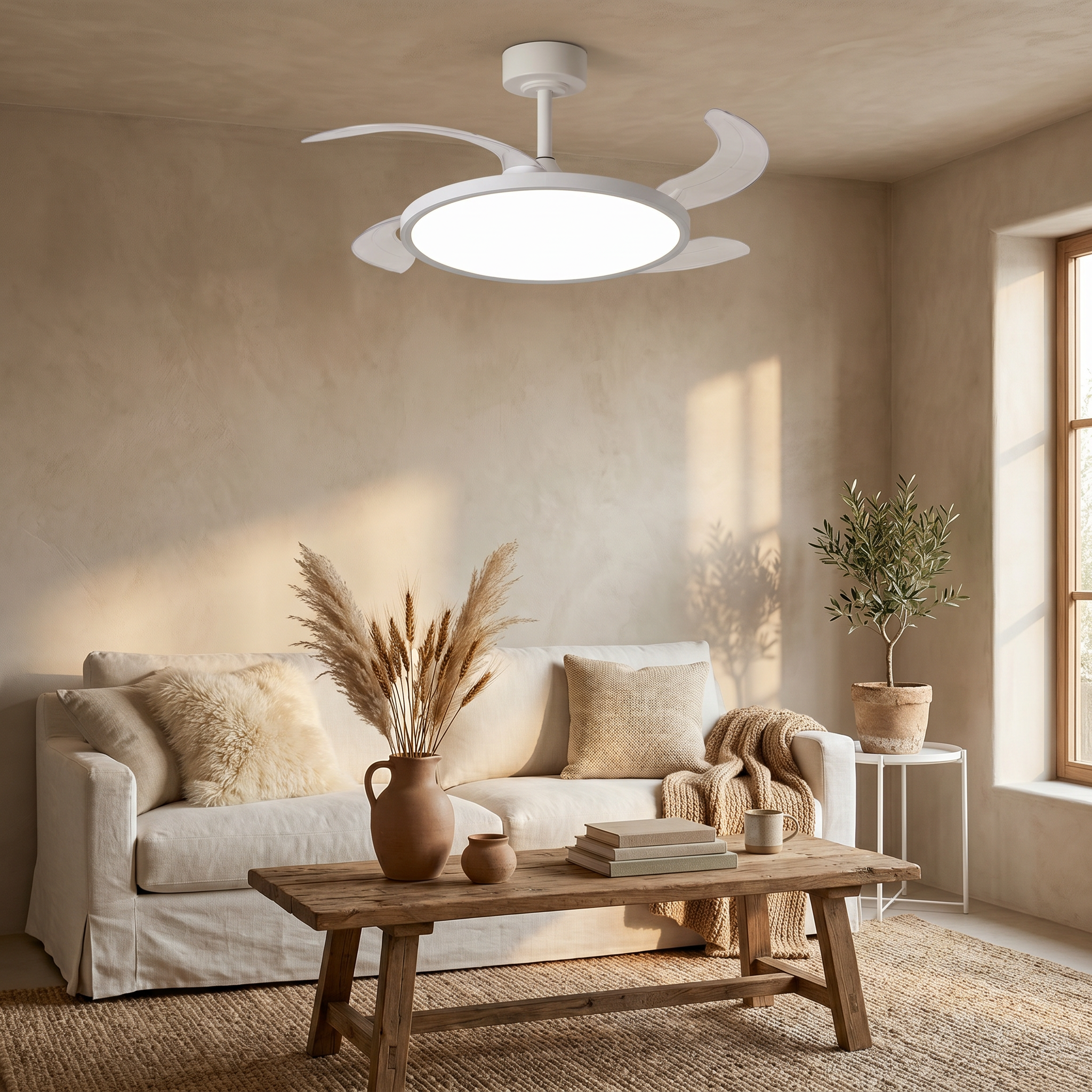 Ambient lifestyle living room scene with iron ultra-thin hidden full-spectrum eye-care LED flush mount ceiling light lit showing iron frame and ABS fan blades