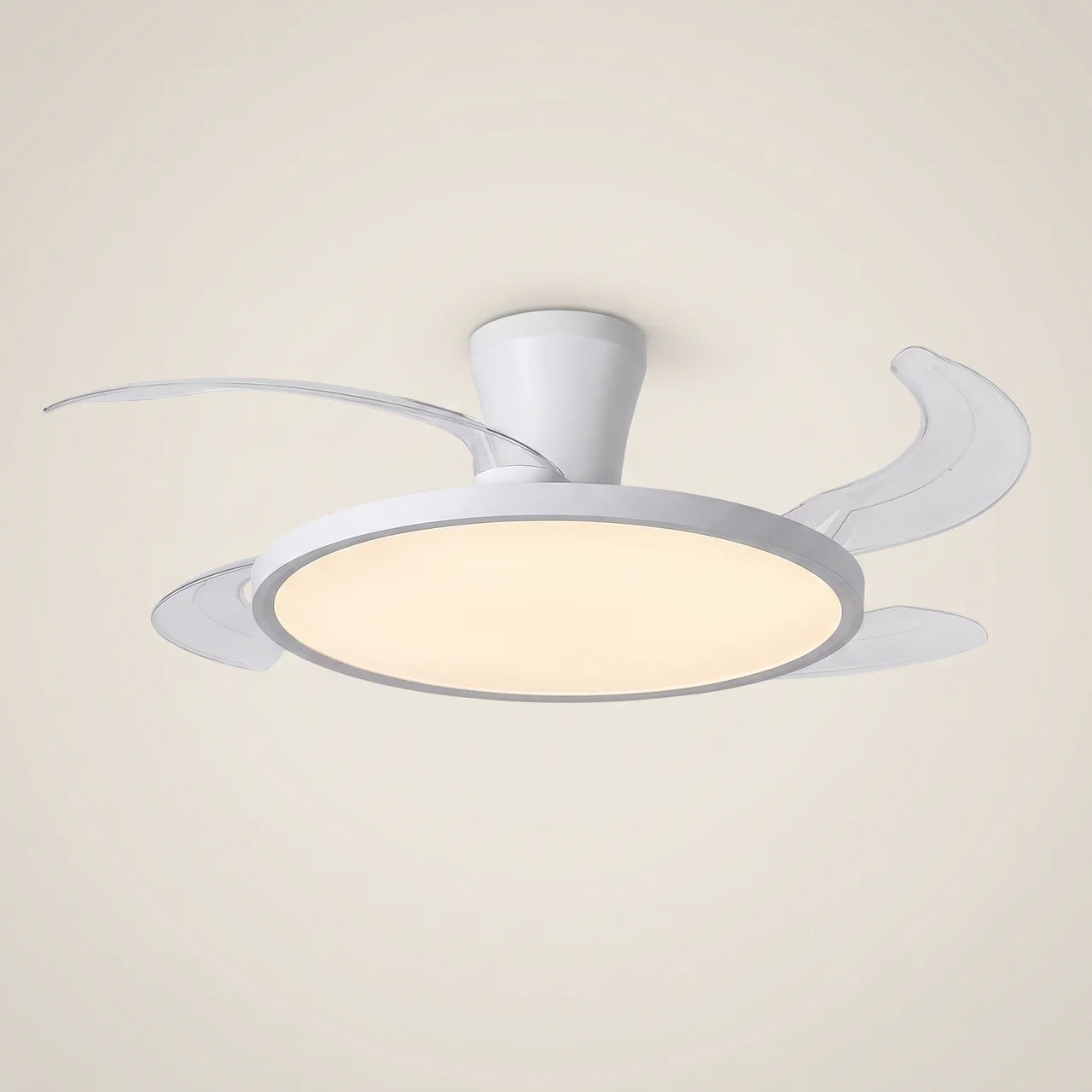 Close-up of iron ultra-thin hidden full-spectrum eye-care LED flush mount ceiling light lit with iron frame and ABS fan blades